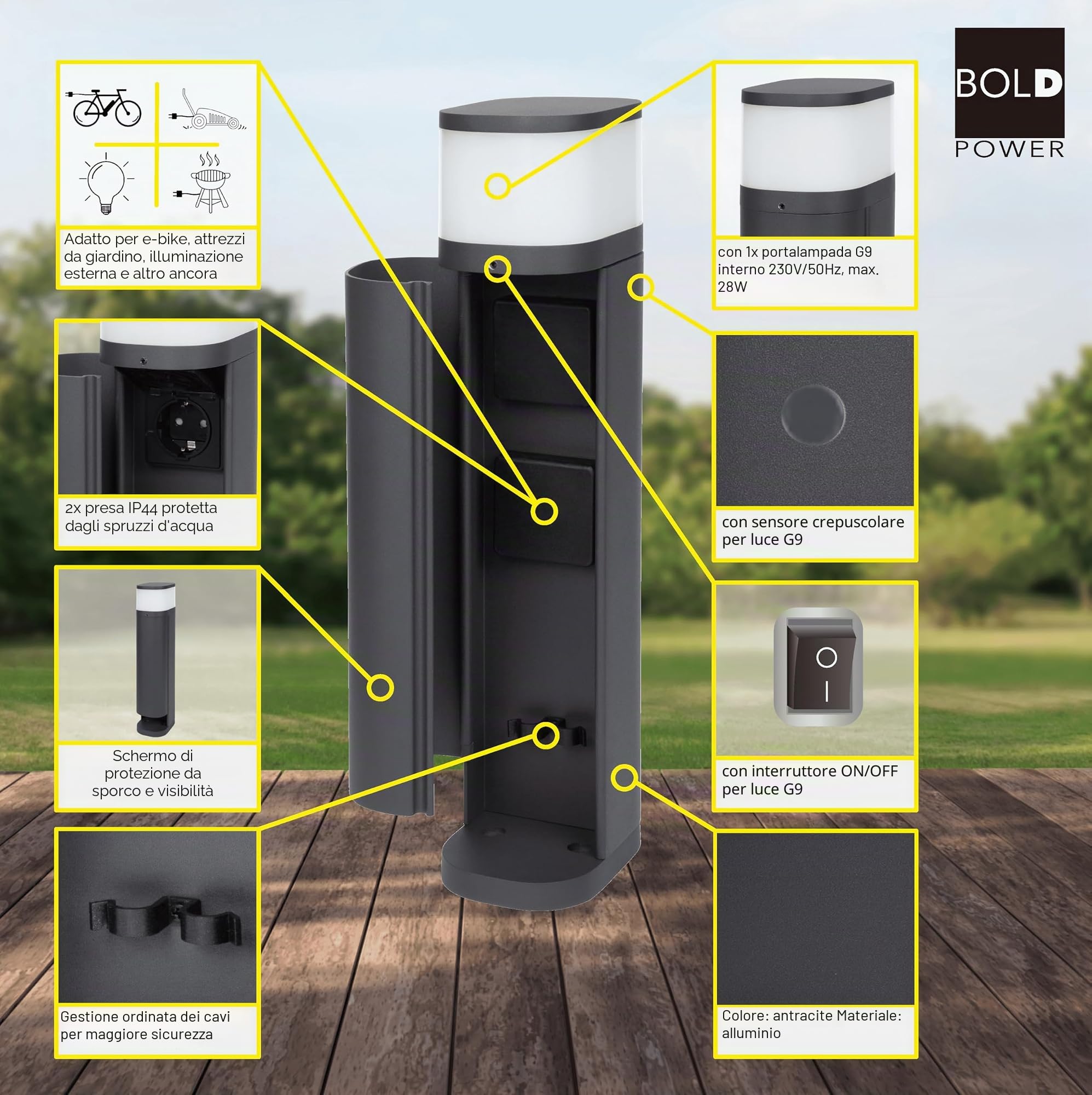 BOLD VOLO presa esterna da giardino, antracite (2 x Schuko - IP44 - 3680 Watt - sensore crepuscolare - interruttore on/off - lampadina G9 inclusa)