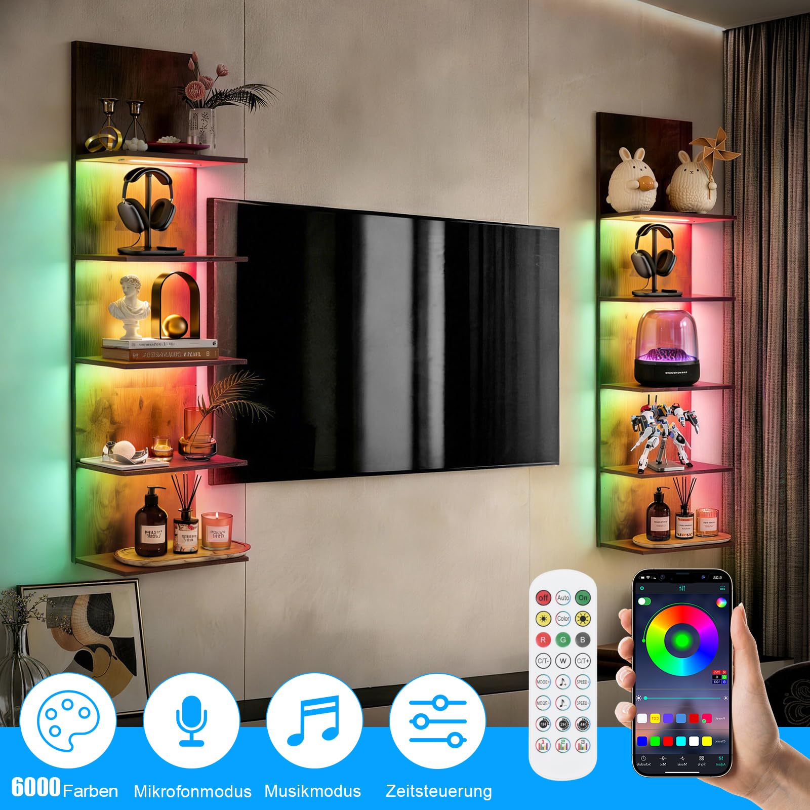 Wandregal mit RGB+IC-Beleuchtung, Bücherregal Wand mit APP & Fernbedienung | Wandregal Holz 5 Ebenen, Wandregal Schmal Schminktisch Regal für Schlafzimmer, Wohnzimmer, 30x18x117 cm, Holzfarben