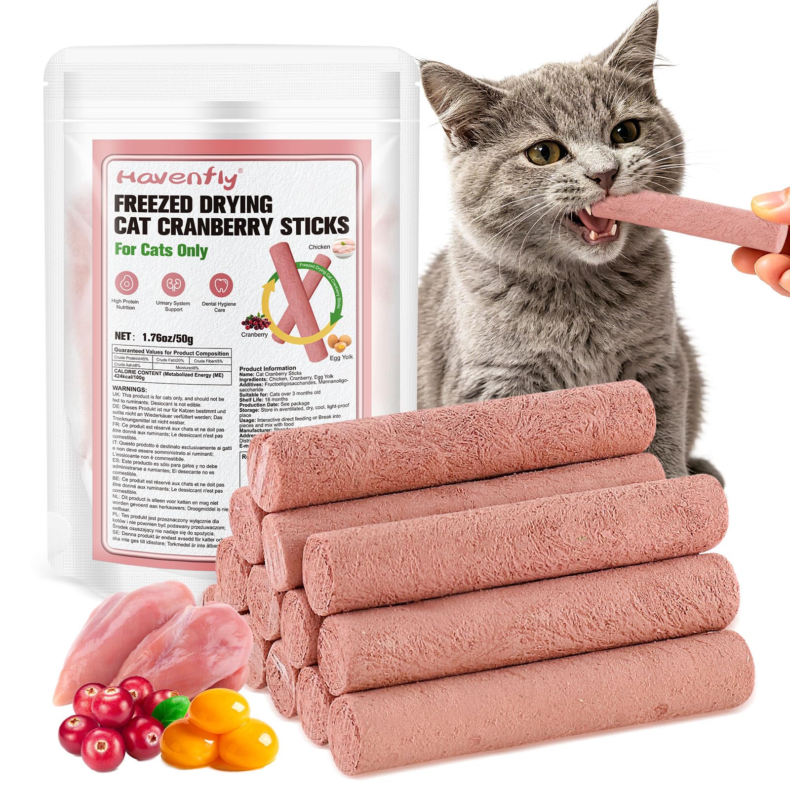 50g Cat Cranberry Treats, Chicken Cat Stick for Protect Urinary Tract and Teeth Cleaning, Edible Cats Snack — image 1