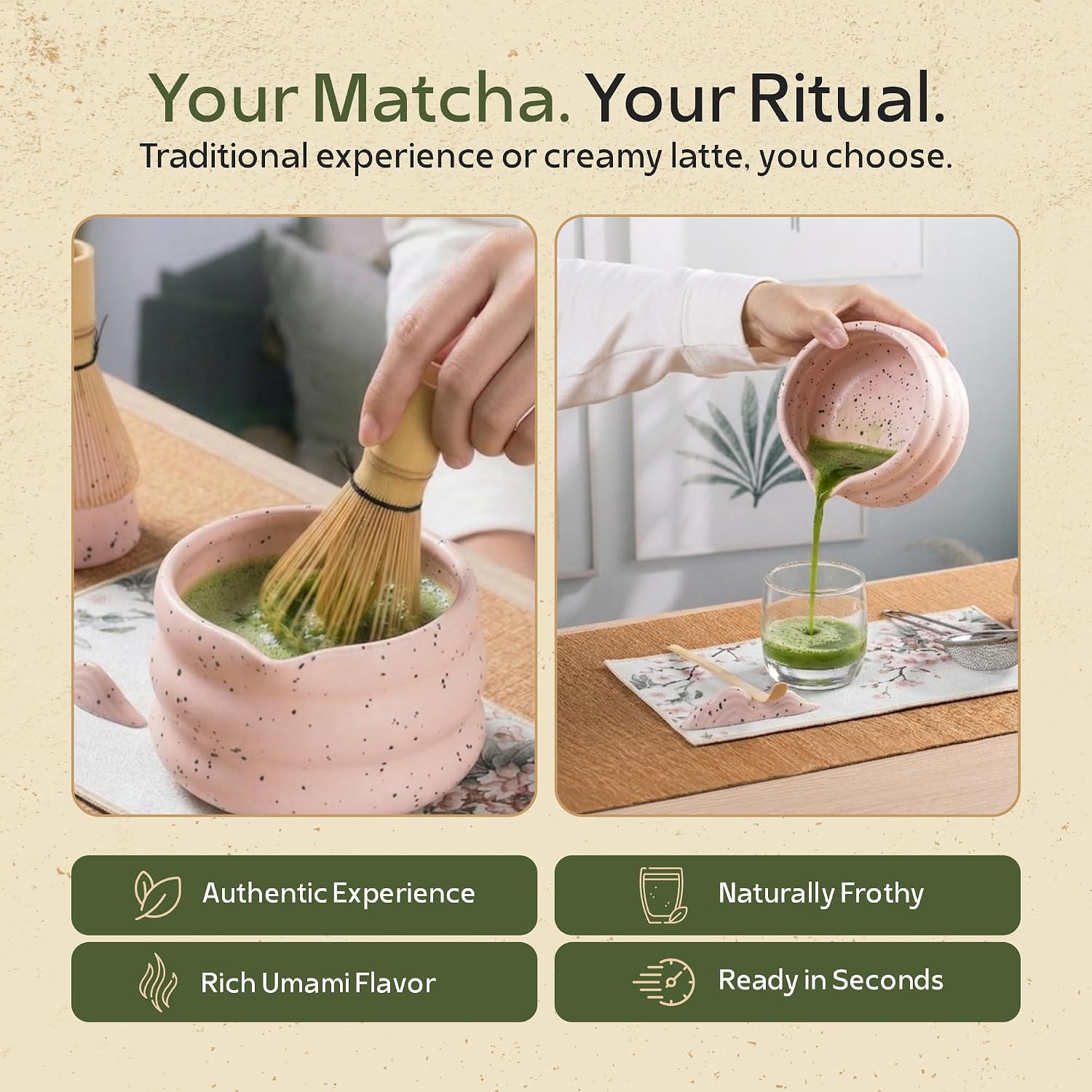 MatchaVela® Matcha Whisk Set - 5 Pcs | Complete Japanese Matcha Tea Making Kit | Ceramic Bowl & Whisk Holder, Bamboo Whisk & Scoop, Stainless Steel Sifter | Perfect Matcha Starter Kit Gift Set - Pink