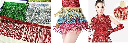 Miniatura 3 de Lauthen.S Borde de flecos de lentejuelas, borlas de lentejuelas para manualidades, vestido latino, adorno de ropa (negro, 11.8 pulgadas x 6.5 yardas)