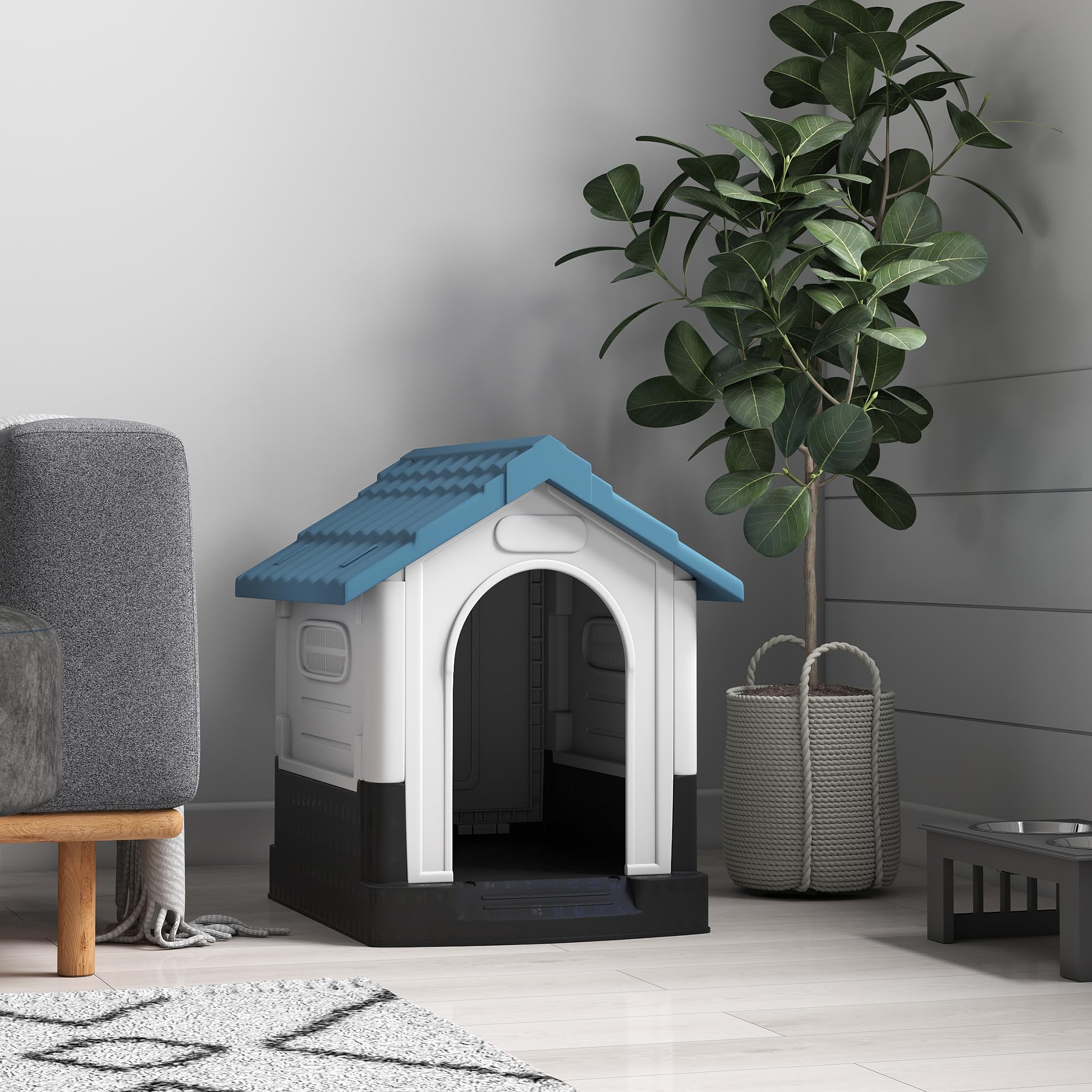 PawHut Cuccia per Cani da Esterno in Plastica, Casetta per Cani Piccoli e Mini con Finestre, Tetto Spiovente e Base Rialzata, 64.5x57x66 cm, Blu