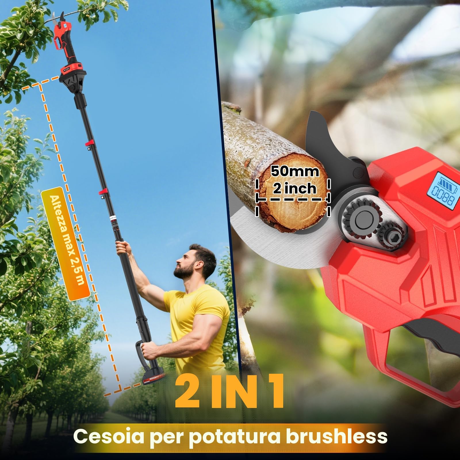 2 In 1 Forbici Potatura a Batteria, Forbici Potatura con Asta, Estensibile Fino a 4.3 M, 50mm Forbici Potatura con 1000 W Motore Brushless, Lame Affilate SK7 & 2 x 2,0Ah Batterias Autonomia di 6-8 ore