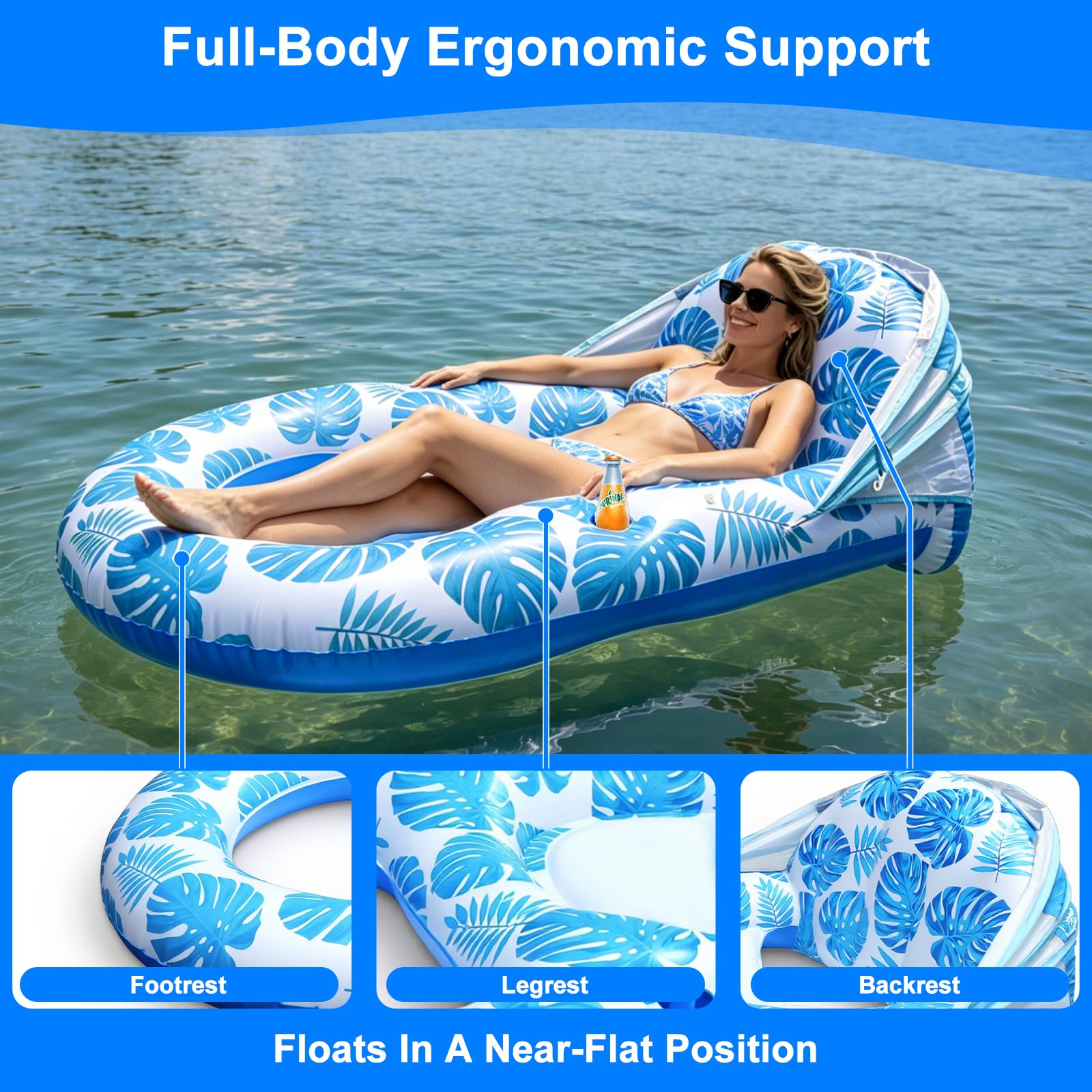 Flotador Tipo Tumbona con Toldo UPF50+, 140x110CM Extra Grande para Adultos, Resistente, Inflable con Posavasos y Soporte para Móvil, Respaldo y Reposapiés