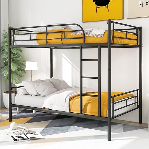Merax Bunk Bed Twin Over Twin Size with Ladder and high Guardrail, Able to Split, Metal Bunk Bed, Storage Space, No Box Spring Needed, Noise Free, Black