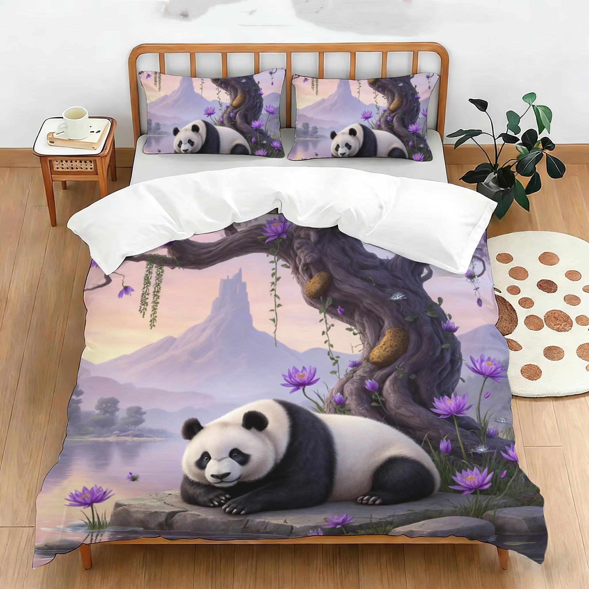 NDXRWDZR Super King Size Duvet Set Purple Panda Duvet Cover with Zipper Closure Bedding for Aldults Kids Soft Breathable Microfiber Cover 260x220 cm + 2 Pillowcases 50x75 cm