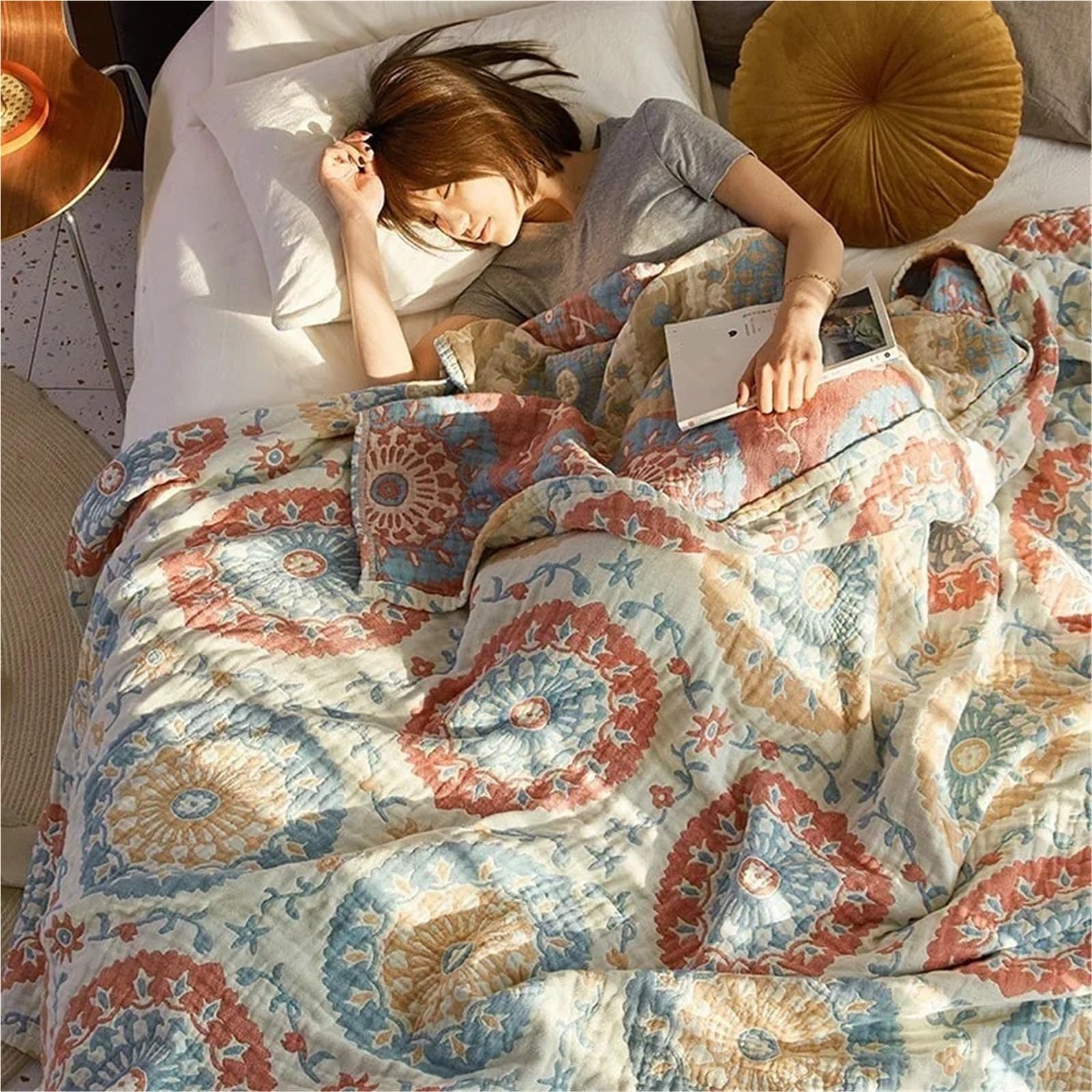 Coperta in mussola di cotone Copriletto in mussola di cotone in traspirante Tessili for la casa Bambini adulti Jccquard Divano letto Coperte Lenzuolo(Color8,150x200cm)