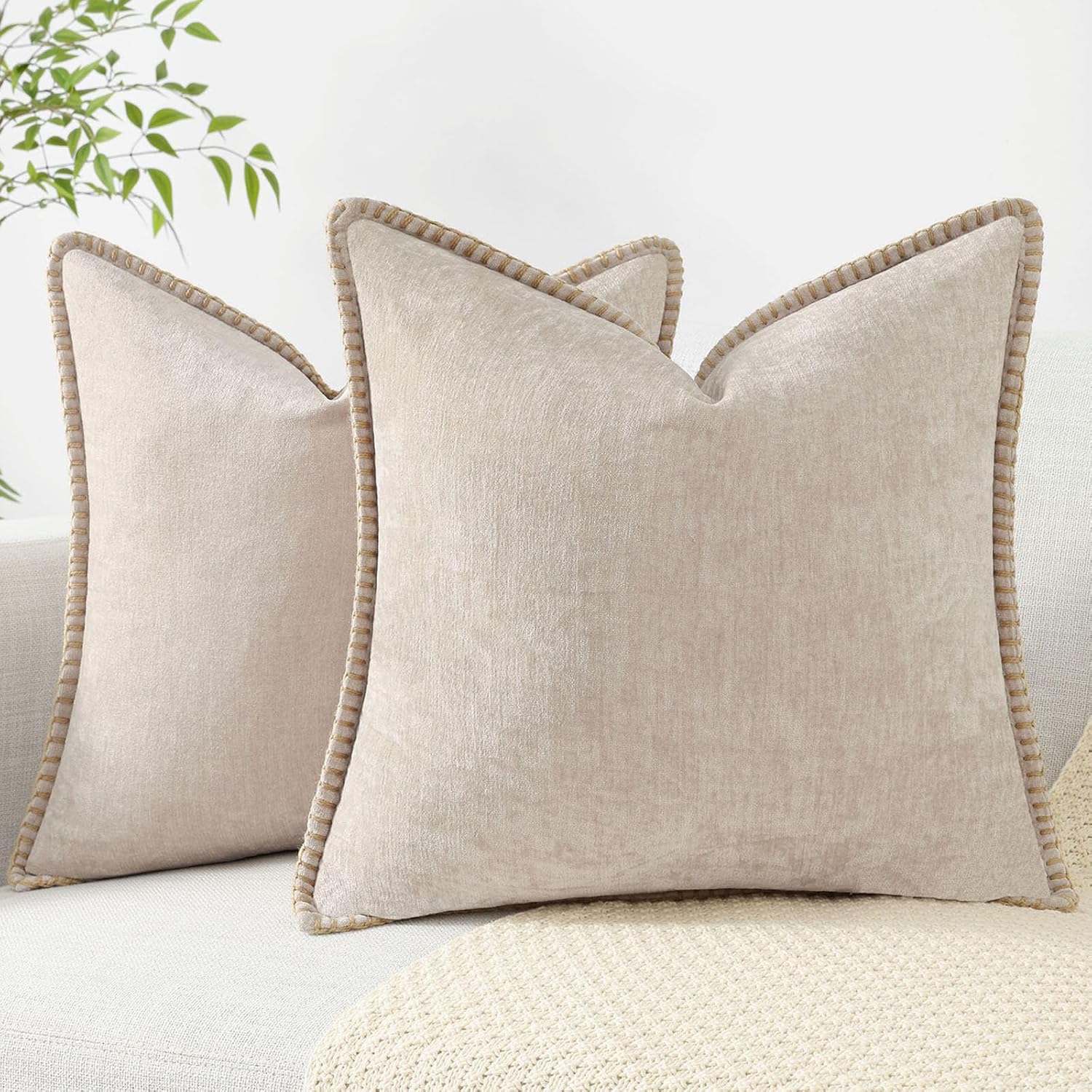decorUhome Chenille Soft Throw Pillow Covers 20x20 Set of 2, Farmhouse Velvet Decorative Pillow Covers with Stitched Edge for Couch Sofa Bed, Bleached Sand 20" x 20" (Pack of 2) Bleached Sand