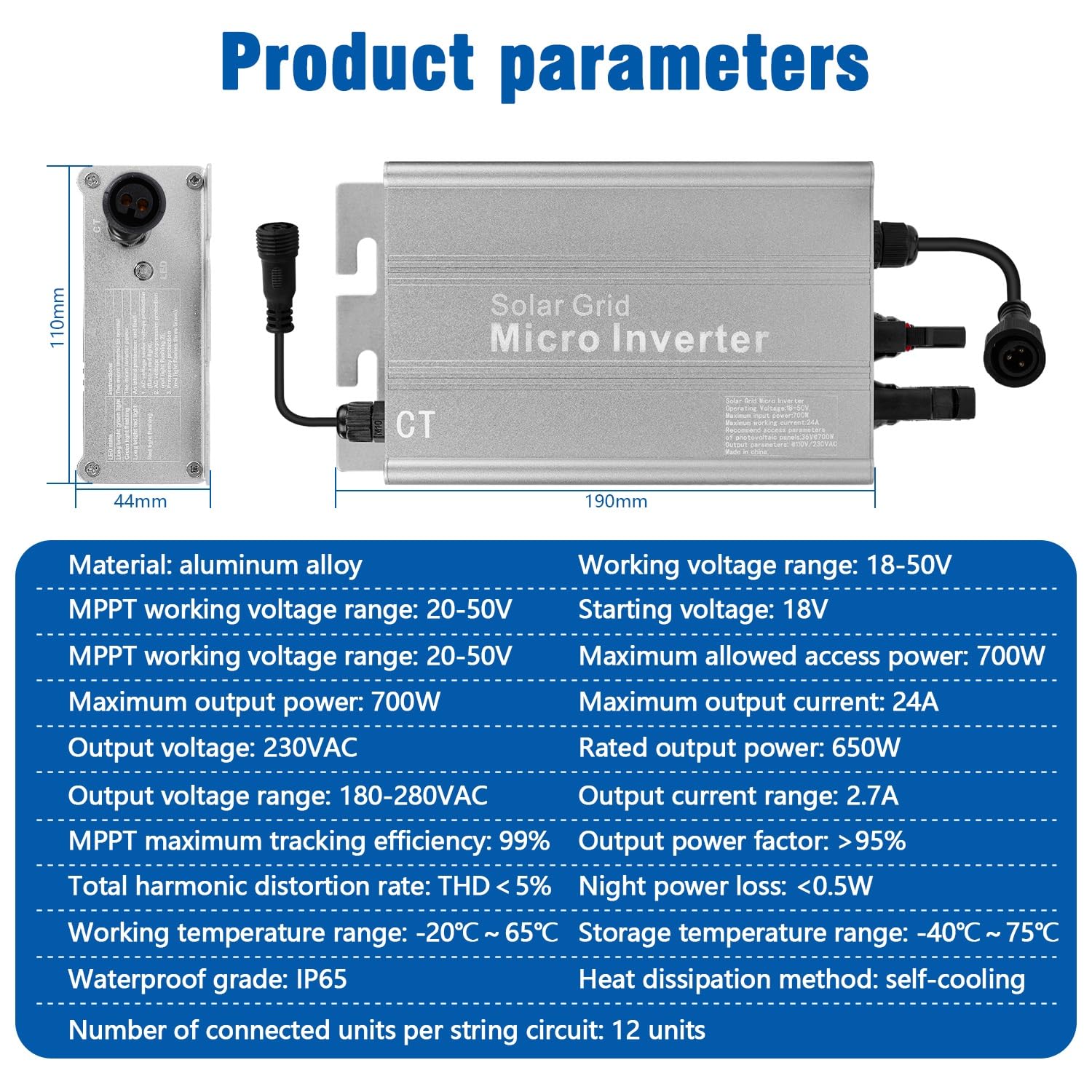 DEWIN Solare Inverter 700W,Inverter Grid Tie MPPT Micro Inverter Fotovoltaico Micro Inverter Balcone Inverter di Rete per Pannelli Solari,Ingresso 18-50V DC Uscita 230V AC