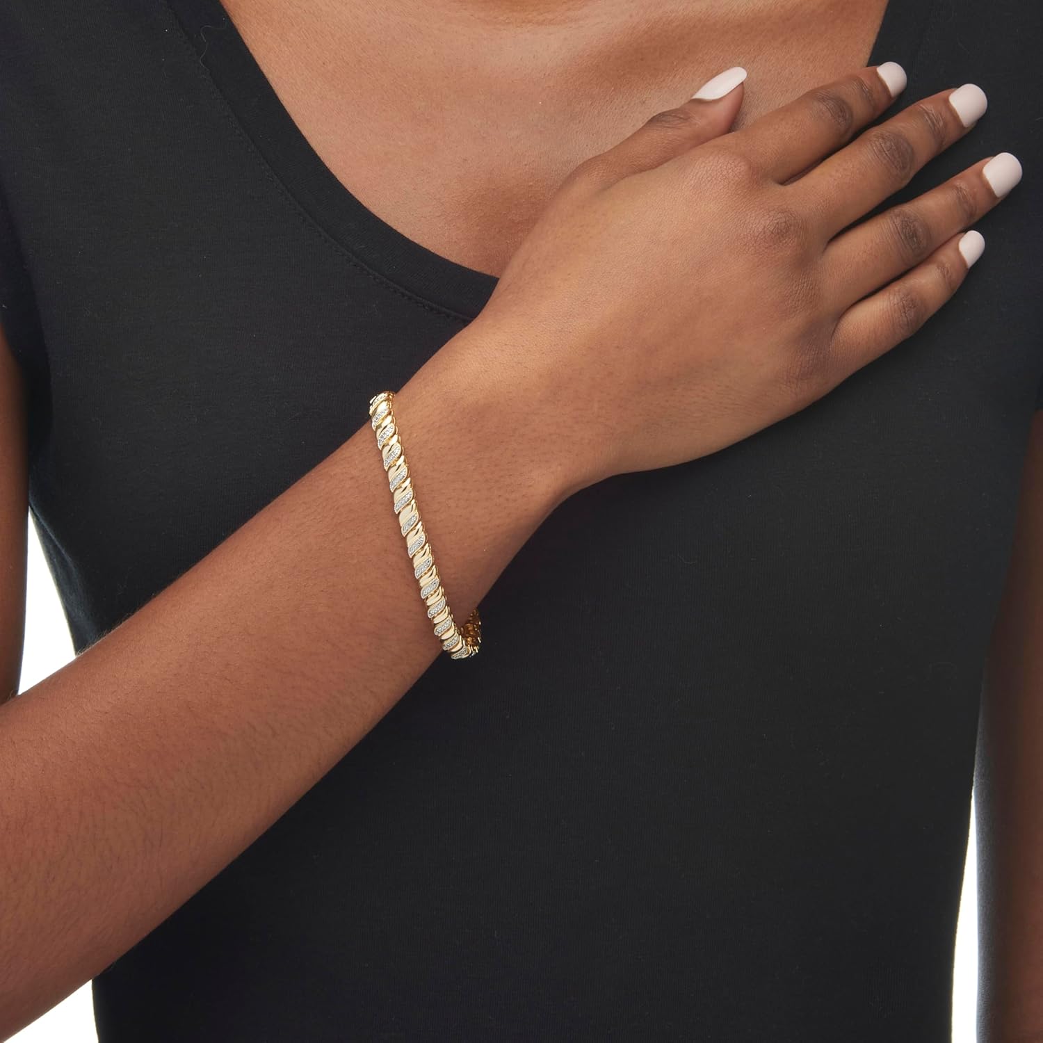 PalmBeach 18K Yellow Gold Genuine Diamond Accen tS Link Bracelet (6mm) 7.25"