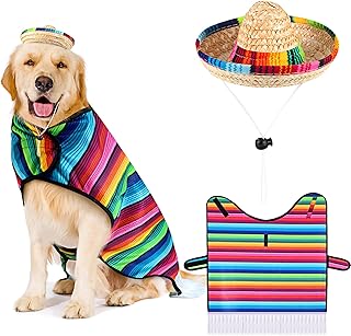 Dog Sombrero Hat Pet Serape Poncho Costume Funny Dog Costume Multicolor Adjustable Sombrero Costume Mexican Dog Poncho Straw Hat Chihuahua Clothes for Mexican Party Decorations (Large)