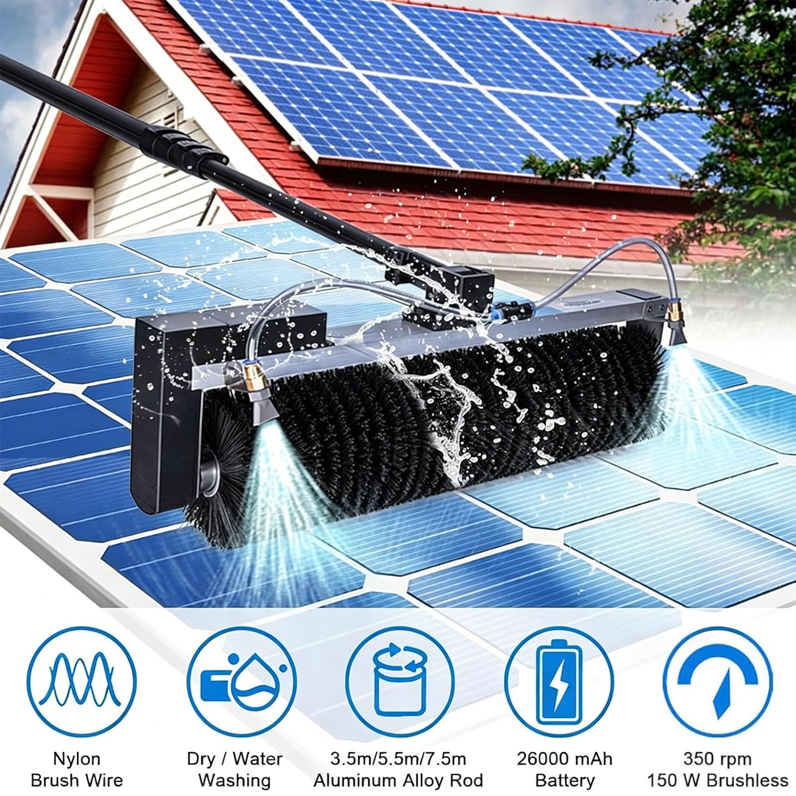 Kit Pulizia Pannelli Fotovoltaici | Portata Dell'asta Telesco 3,5 M/5,5 M/7,5 M | per Lavaggio Tapparelle Vetrate Camper Auto Barca Pannelli Solari | Testa Rotante da 60 cm 5.5m/18ft