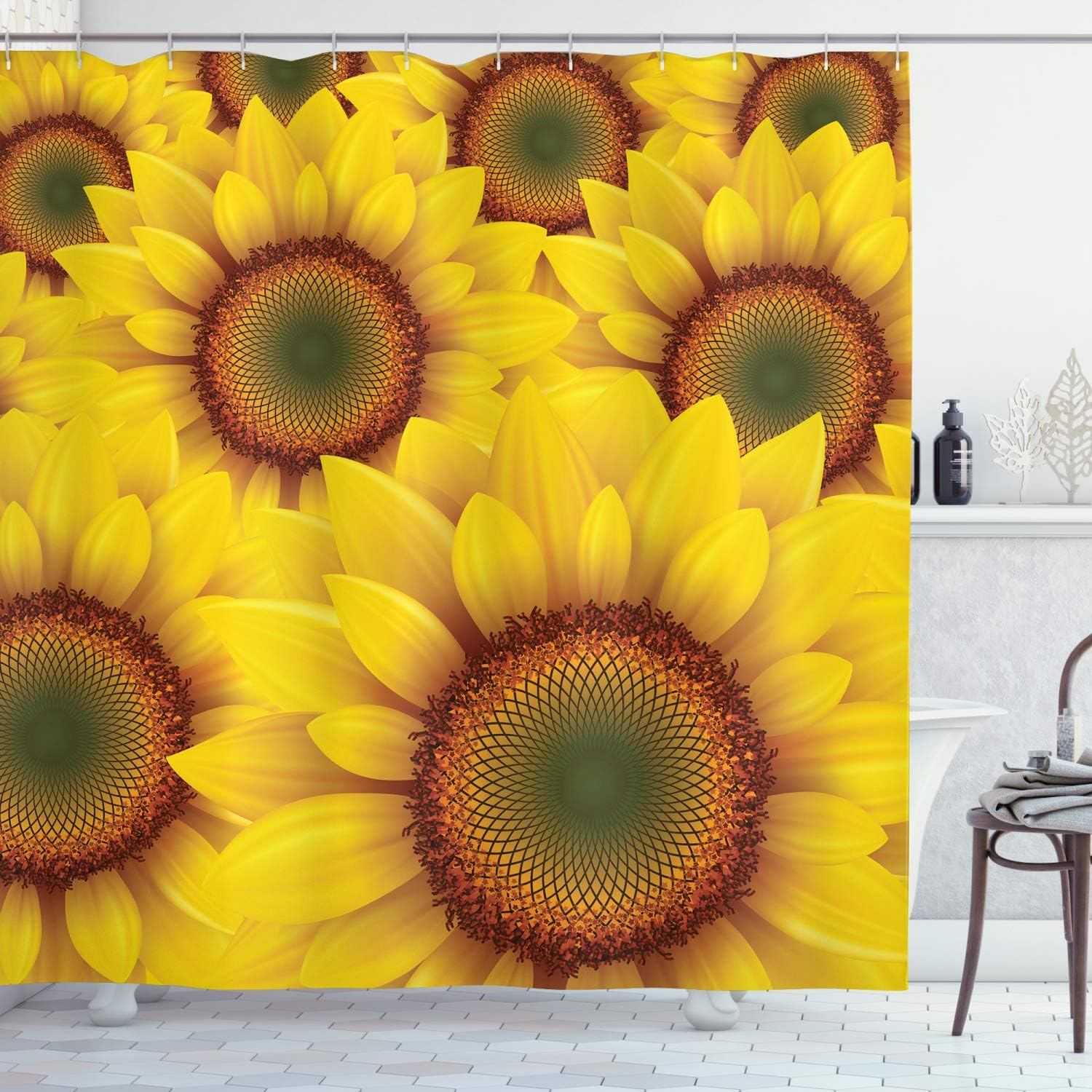 Ambesonne Yellow Shower Curtain, Sun Flower Field as Summer Background Happiness Colorful Nature Illustration, Cloth Fabric Bathroom Decor Set with Hooks, 69" W x 70" L, Orange Yellow