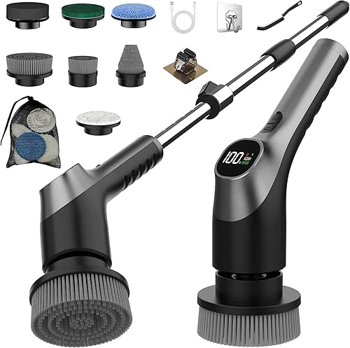 Miniatura 9 de Cepillo de limpieza eléctrico giratorio, cepillo de ducha con mango largo ajustable, limpiador de ducha con 2 velocidades y 7 cabezales de cepillo