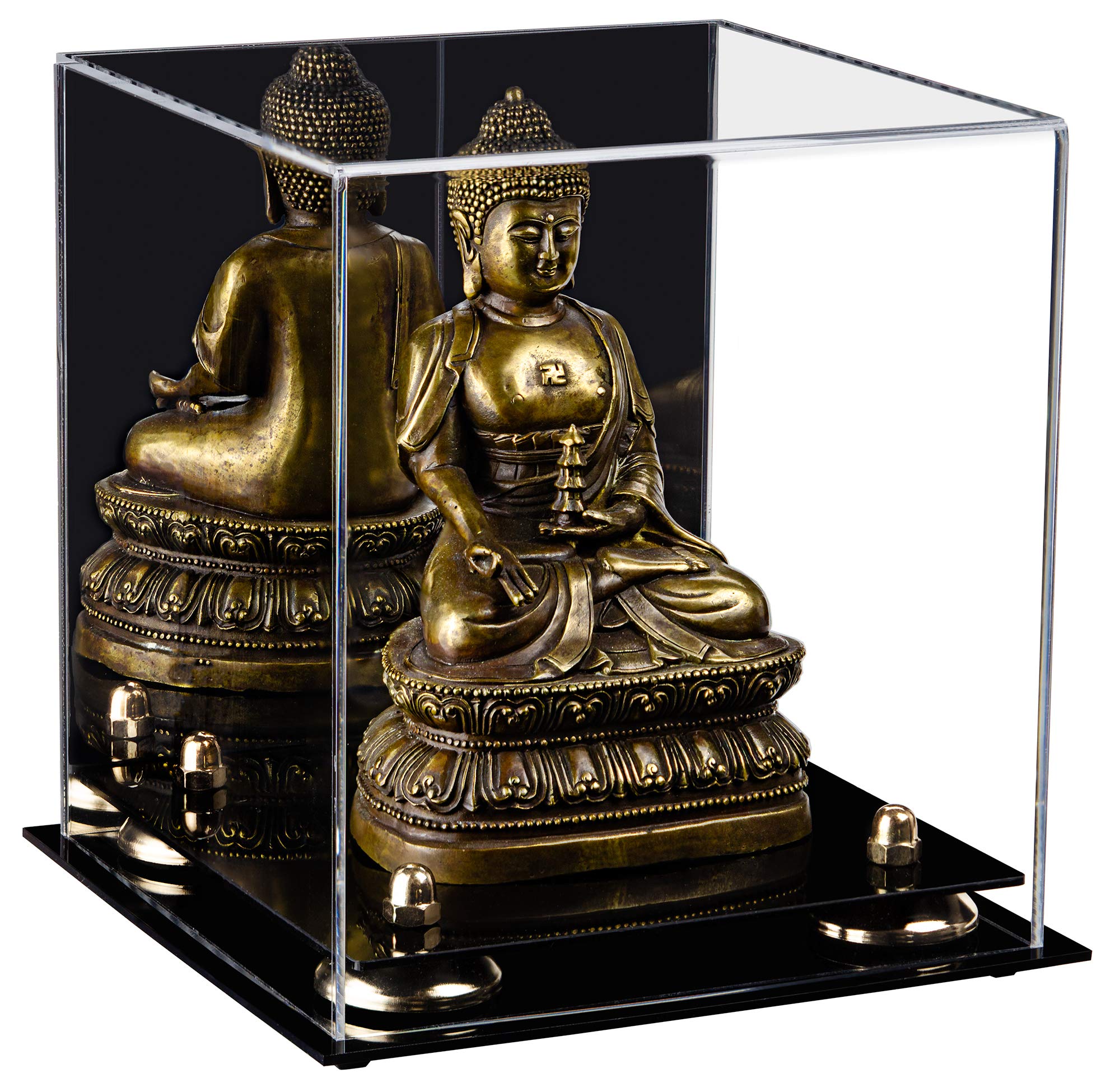 Vitrinas de acrílico de lujo versátil con elevadores, Reflejado con plataformas doradas 19,7 cm x 19,7 cm x 21,59 cm, 7.6"L x 7.6"D x 8.6"H, Gold Riser