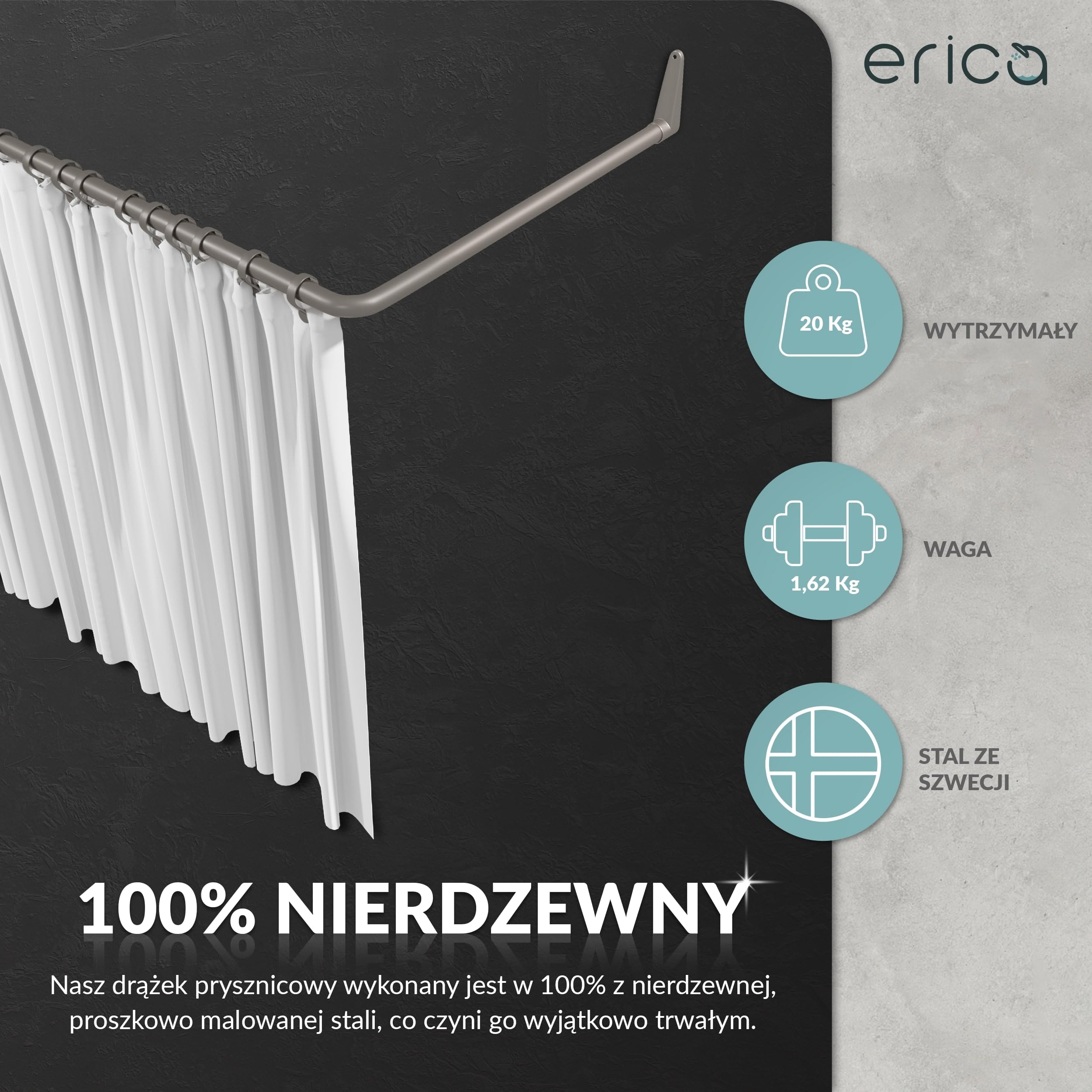 Drążek do Zasłony Prysznicowej Narożny, 12 Kombinacji, Kątowy i U-kształtny, Montaż na Ścianie lub na Szynie Prysznicowej w Poprzek Narożnika, bez Uchwytu Sufitowego, stal malowana proszkowo, Szary