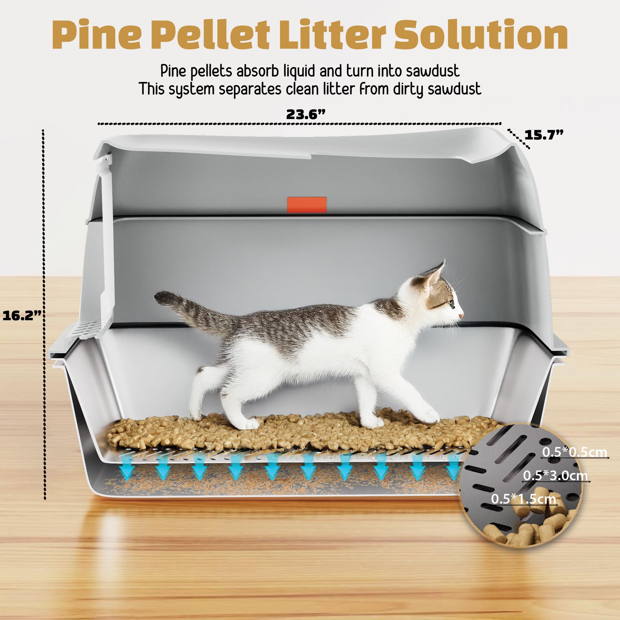 Tom & Sora Creations Stainless Steel Sifting Litter Box, Sifting Cat Litter Box for Pine Pellets and Clay Litter, Multifunctional, Low Maintenance, Odor Free, Leak Free, Enclosed, XL, Grey - image 2