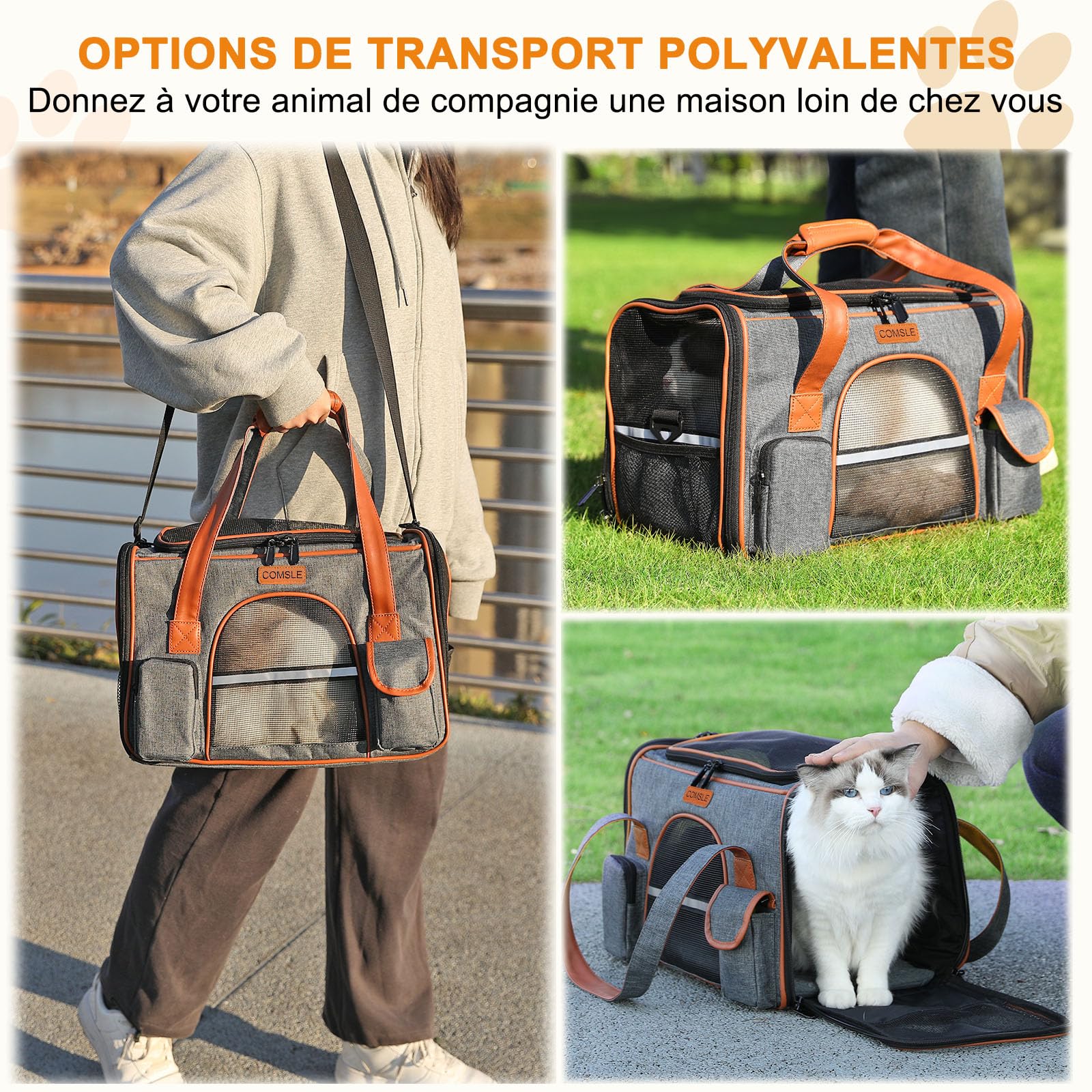 COMSLE Sac Transport Chat, Sac Transport Chat Chien avec 5 Filet Respirant, Caisse de Transport Chat Pliable avec Matelas Souple Amovible, Cage Transport Chat pour Voyage (Gris Foncé, M)