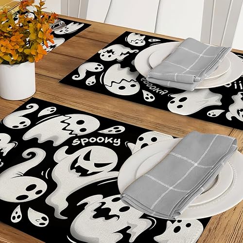 Miniatura 6 de Seliem Juego de 4 manteles individuales de fantasmas espeluznantes de Halloween, divertidos manteles individuales negros para mesa de comedor,