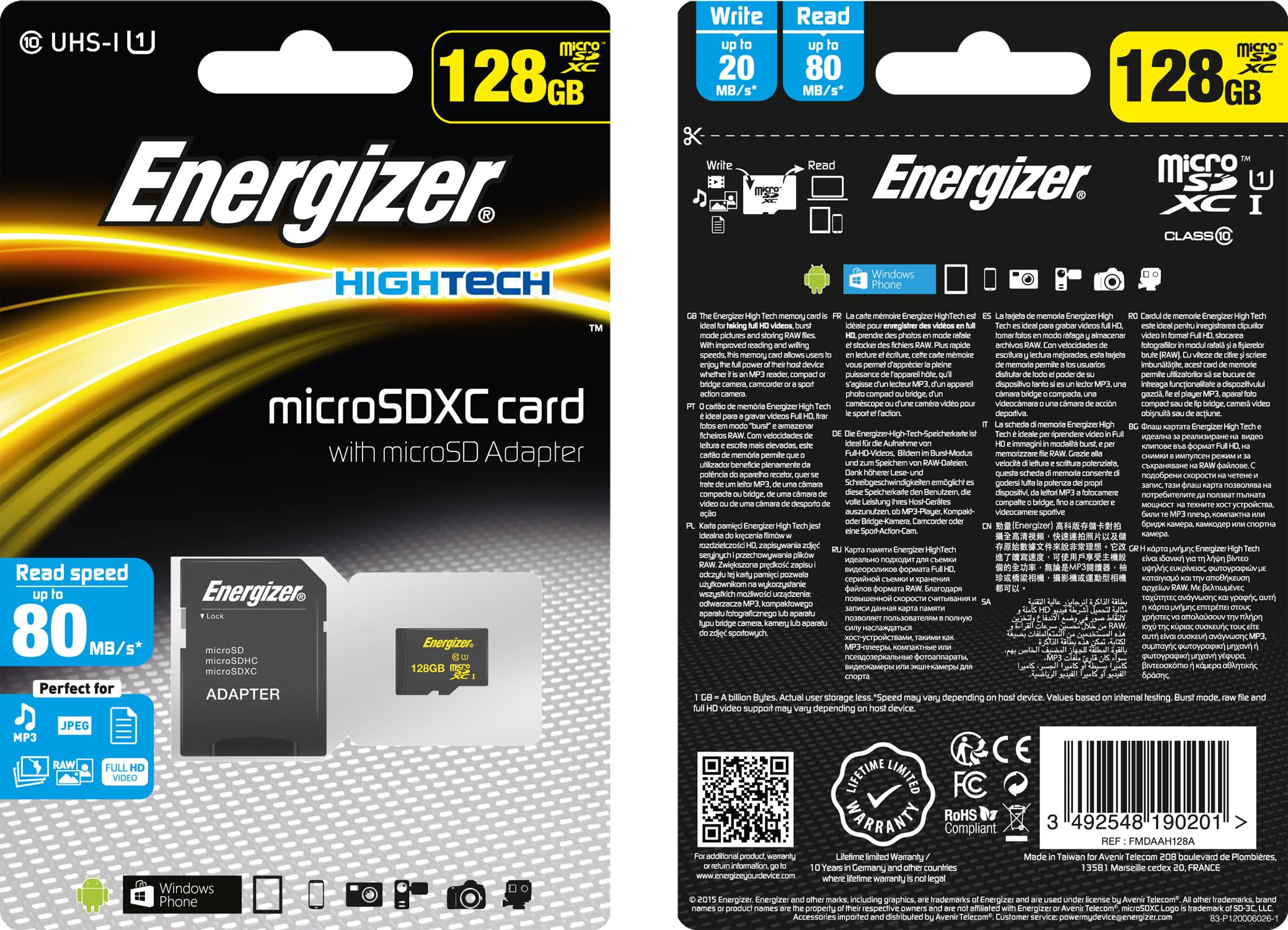 Energizer Carte Mémoire MicroSDXC 128 Go avec Adaptateur SD Inclus - Classe 10, UHS-I U1, Vitesse de Lecture 80 Mo/s - Stockage pour Smartphone, Tablette, Nintendo Switch et Appareil Photo