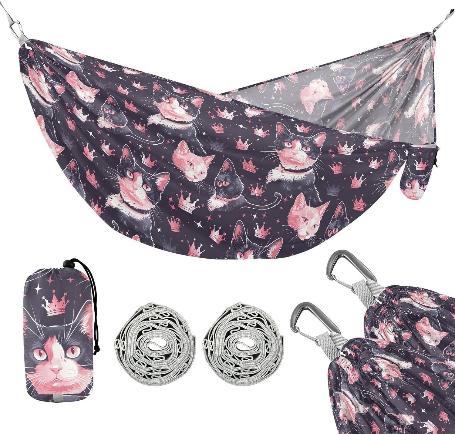 ALAZA Cat Kitten Crown Camping Hammocks Single or 2 Person 500 lbs Portable Parachute Travel Hammock w/Tree Straps for Hiking Backpacking Indoor Outdoor