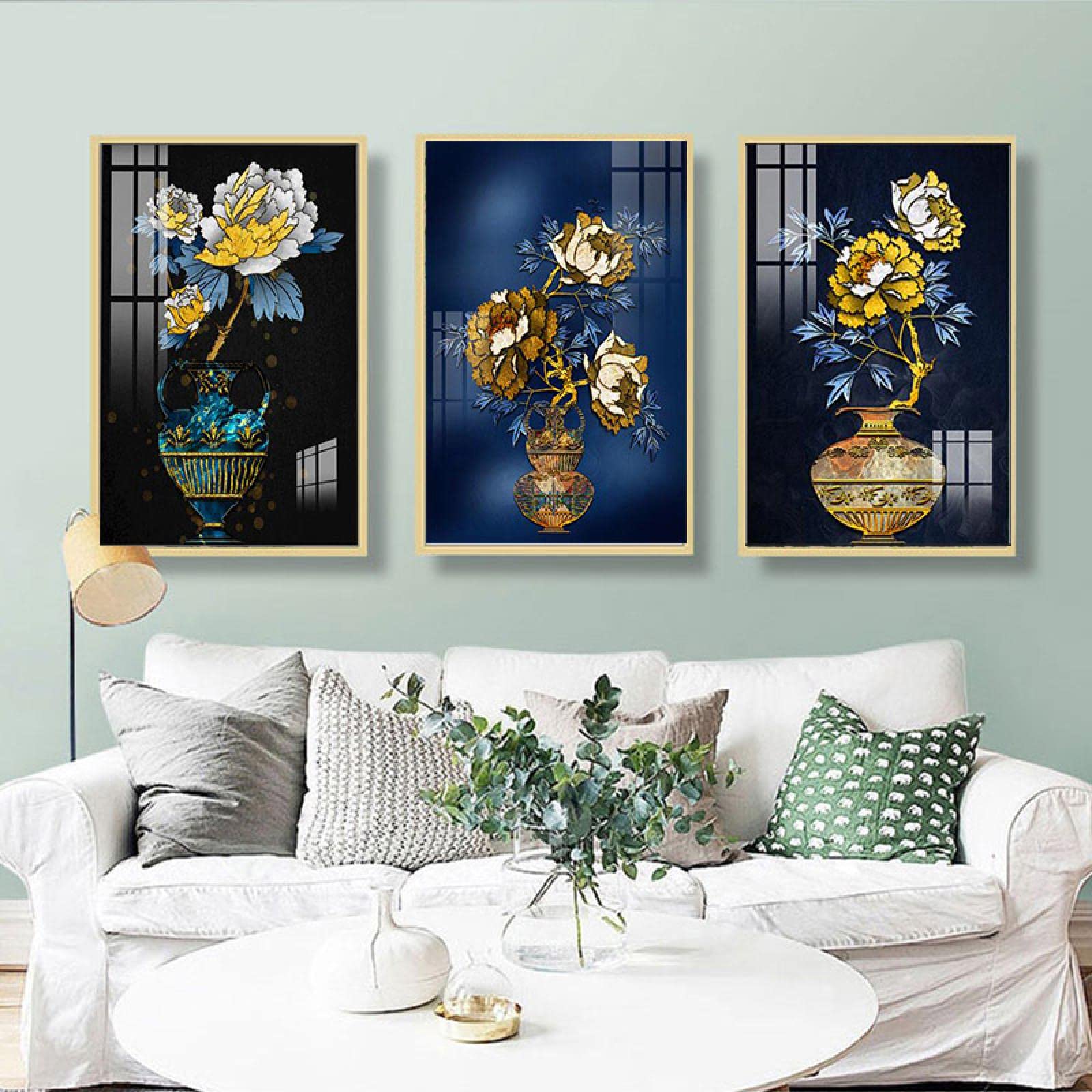 dsdsgog Blue Leaves Yellow Flowers Still Life Posters and Canvas Prints Painting Canvas Wall Art Pictures for Bedroom Decor 60x80cmx3 Frameless