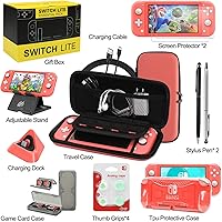 Vista 2 de Switch Lite - Paquete de accesorios, kit con funda de transporte, funda de TPU con protector de pantalla, base de carga, soporte de juego, funda