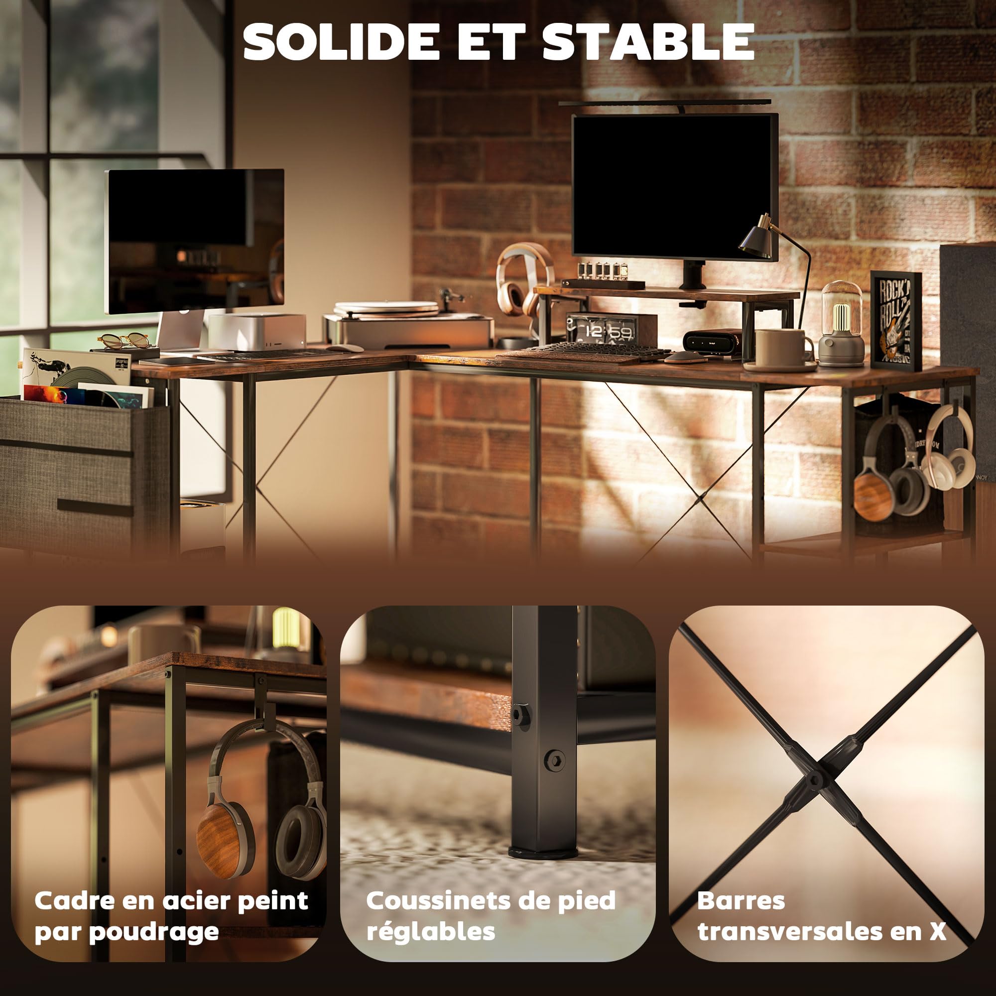HOMCOM Bureau d'angle Réversible Étagère Réglable 168-240 cm Brun Rustique