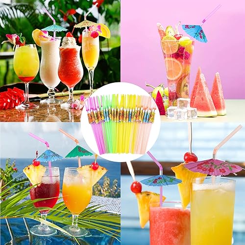 Miniatura 5 de 180 popotes desechables de plástico flexible para cóctel, 9.45 pulgadas, suministros de decoración hawaiana para fiesta de playa, cumpleaños, Luau,