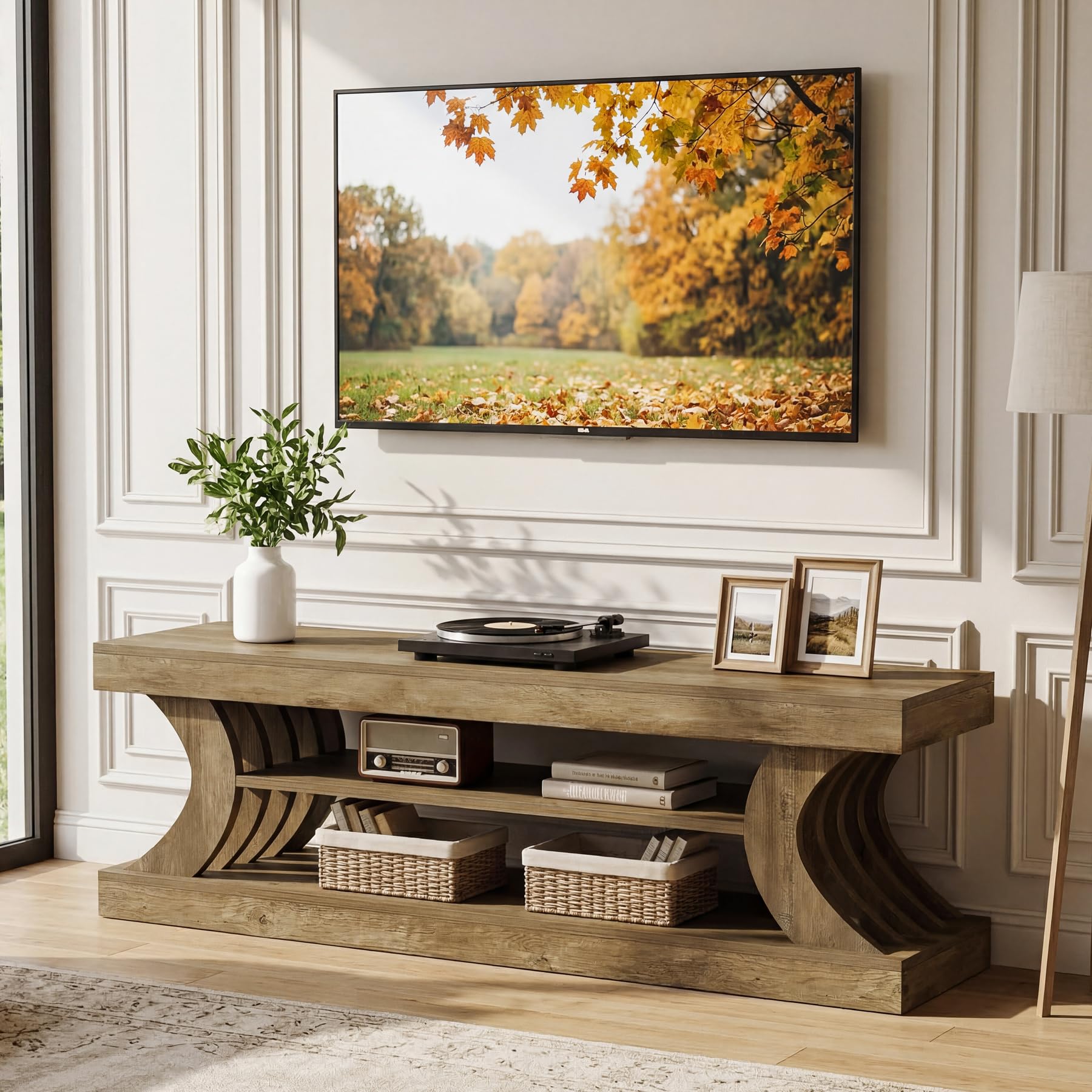 Tribesigns 63" Modern TV Stand for 55/65/70 Inch TVs, 3-Tier Farmhouse Entertainment Center with Open Storage Shelves, Wooden Low Media Console for Living Room & Bedroom, Brown