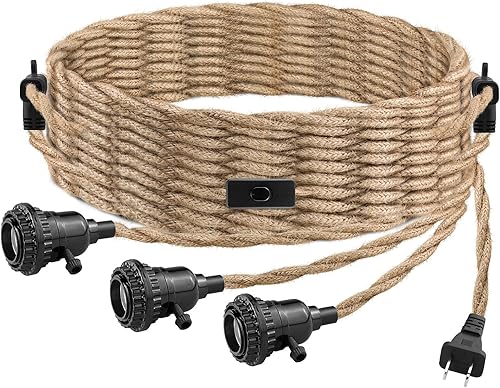 LYOOWNG Cable de luz colgante de 3 luces, luces colgantes de 25 pies con cable de enchufe, kit de luces colgantes de cuerda de cáñamo con