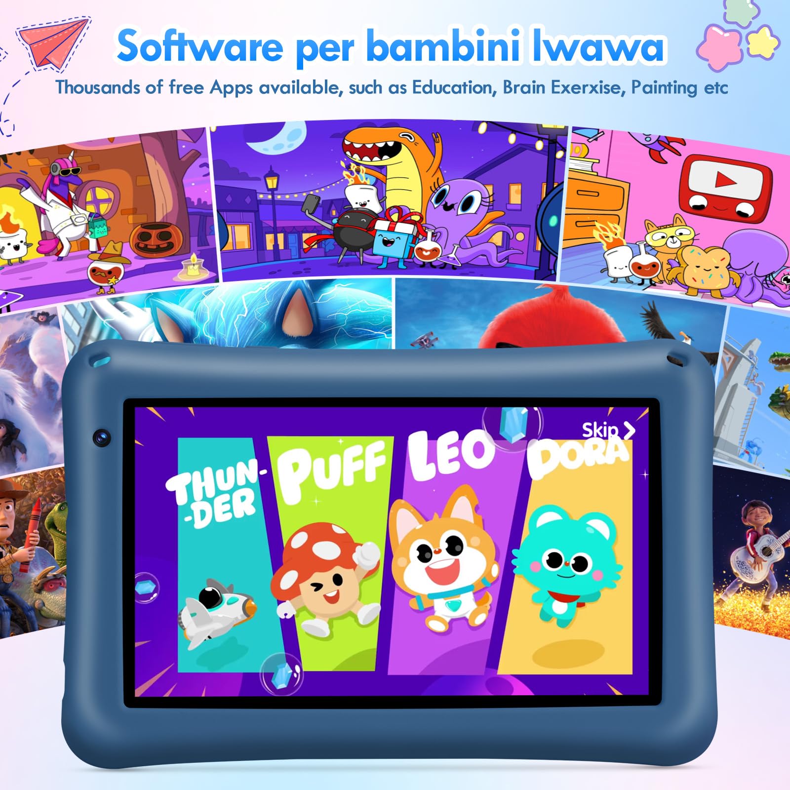 BRILLAR Tablet Bambini 7 Pollici,Android 13 Tableta,8(4+4) GB RAM, 64GB ROM(TF card 256 GB),Octa-Core,Controllo Parentale,WiFi,Tablet per Bambini con Custodia(Blu)