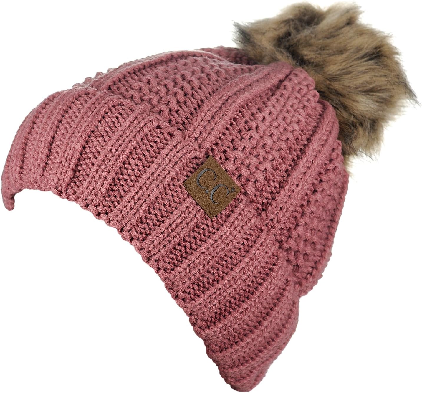 C.C Thick Cable Knit Faux Fuzzy Fur Pom Fleece Lined Skull Cap Cuff Beanie