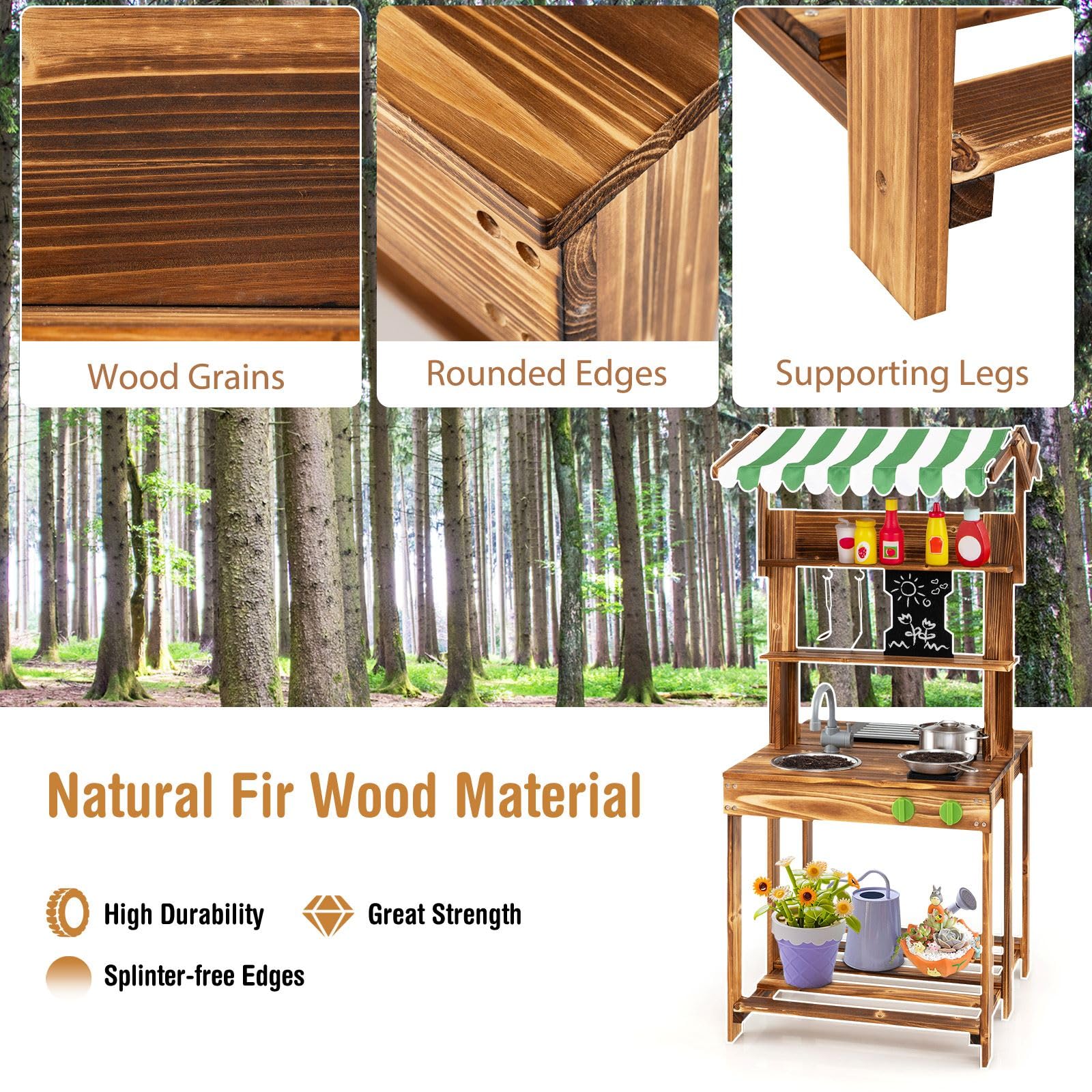 HOMASIS Cuisine d'extérieur en Bois avec auvent, Cuisine Jouet pour Enfants Double Face avec Tableau Noir, Robinet, 4 ustensiles et 2 Crochets, Barbecue Jouet pour Enfants à partir de 3 Ans, Vert