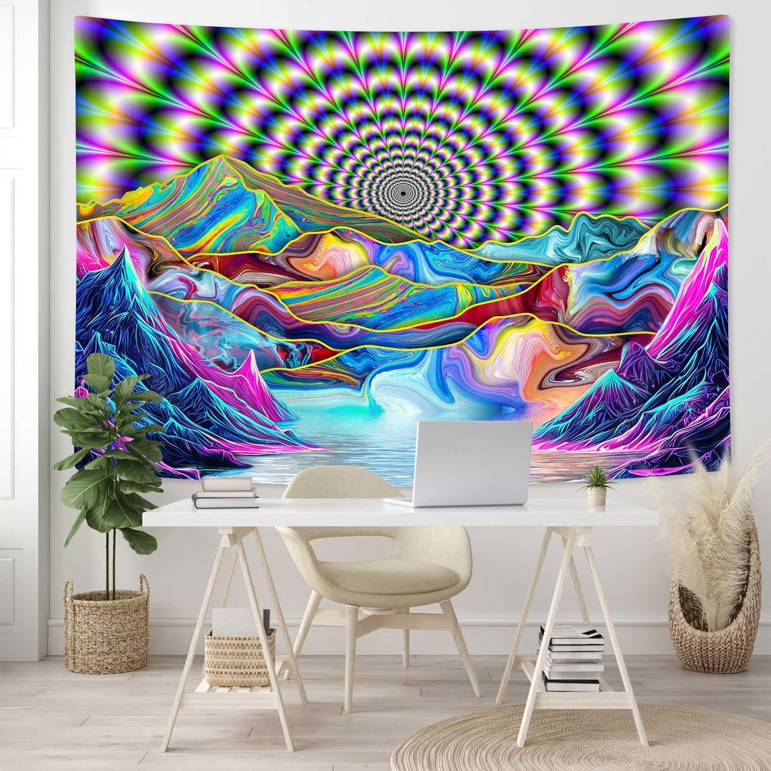 DYNH Psychedelic Colorful Landscape Lake Tapestry,Trippy Mystic Surreal Abstract Mountain River Tapestries,Hippie Boho Wall Hanging for Bedroom Dorm,90x70In - Image 4