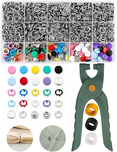 Kyteazr 250 Sets Popper Fasteners Kit, 9.5mm Metal Snap Buttons with Fastener Plier Tool Kit, 10 Colour Press Studs for Baby Clothes, Bedding and DIY Sewing Projects