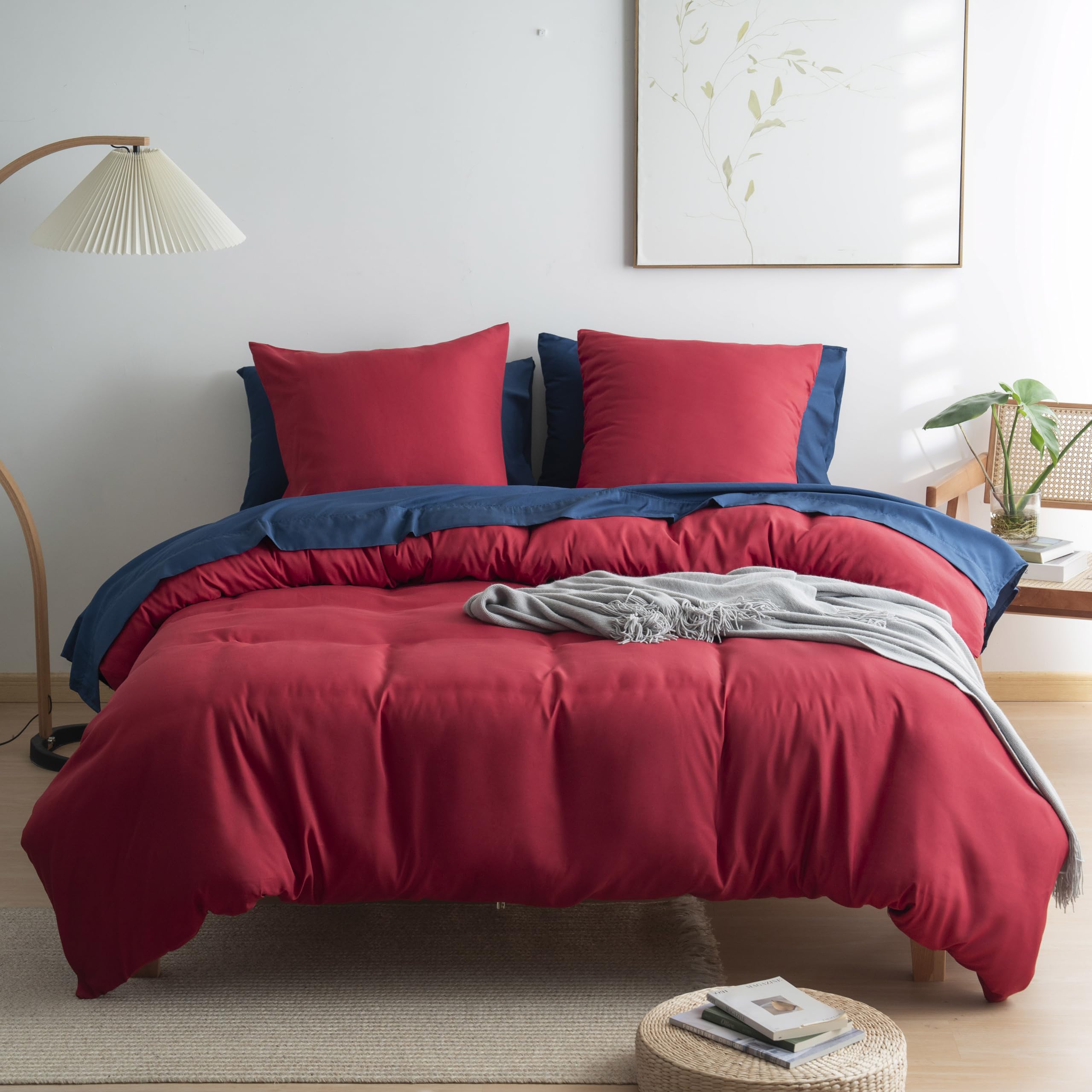 Drap housse 160x200cm et housse de couette 200x200 rouge parure de lit 4 pièces microfibre