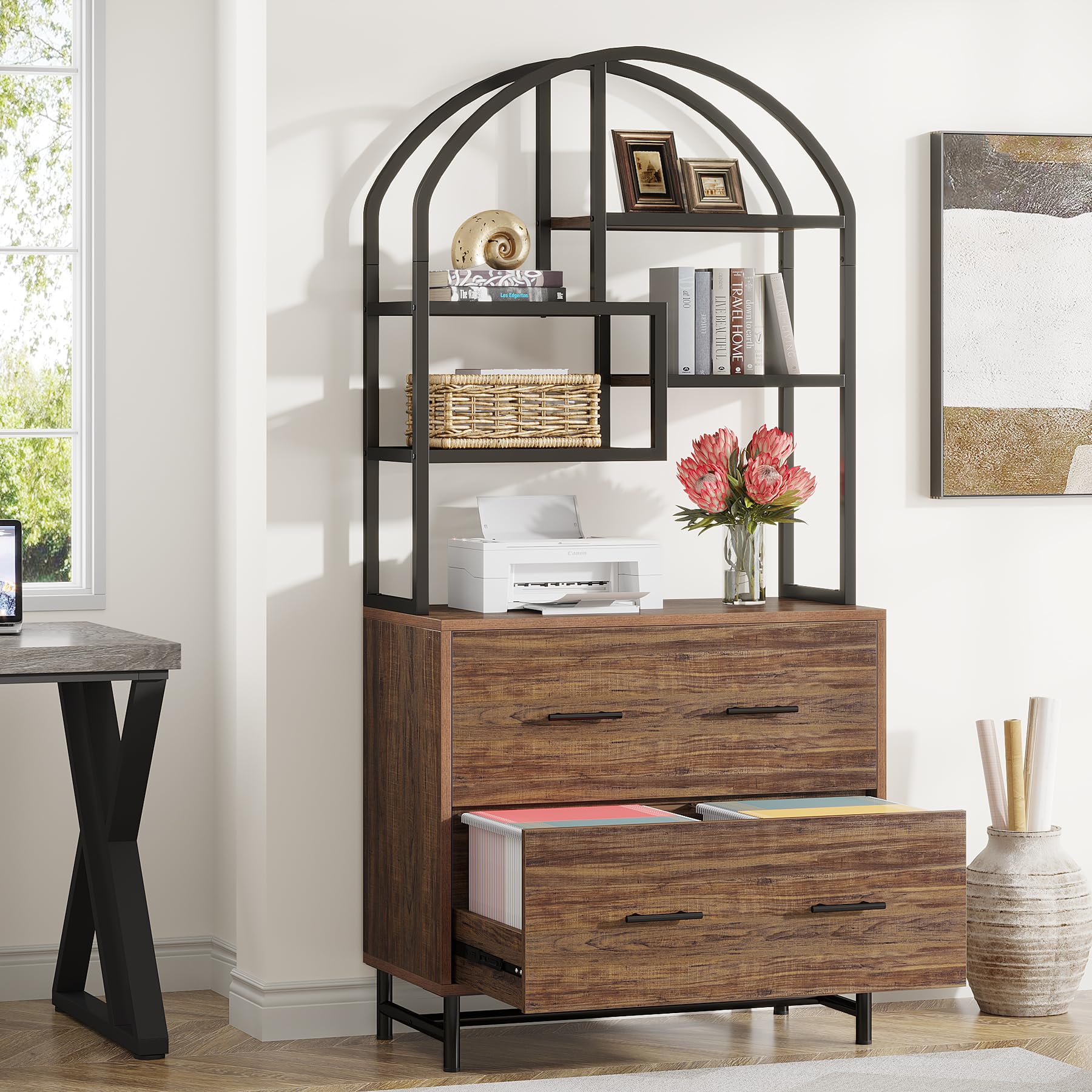 Tribesigns File Cabinet with Bookshelf, 2 Drawer Vertical Arched Filing Cabinet, Industrial Printer Stand with Open Storage Shelves, Fits Letter/Legal/A4 Size for Home Office, Rustic Brown