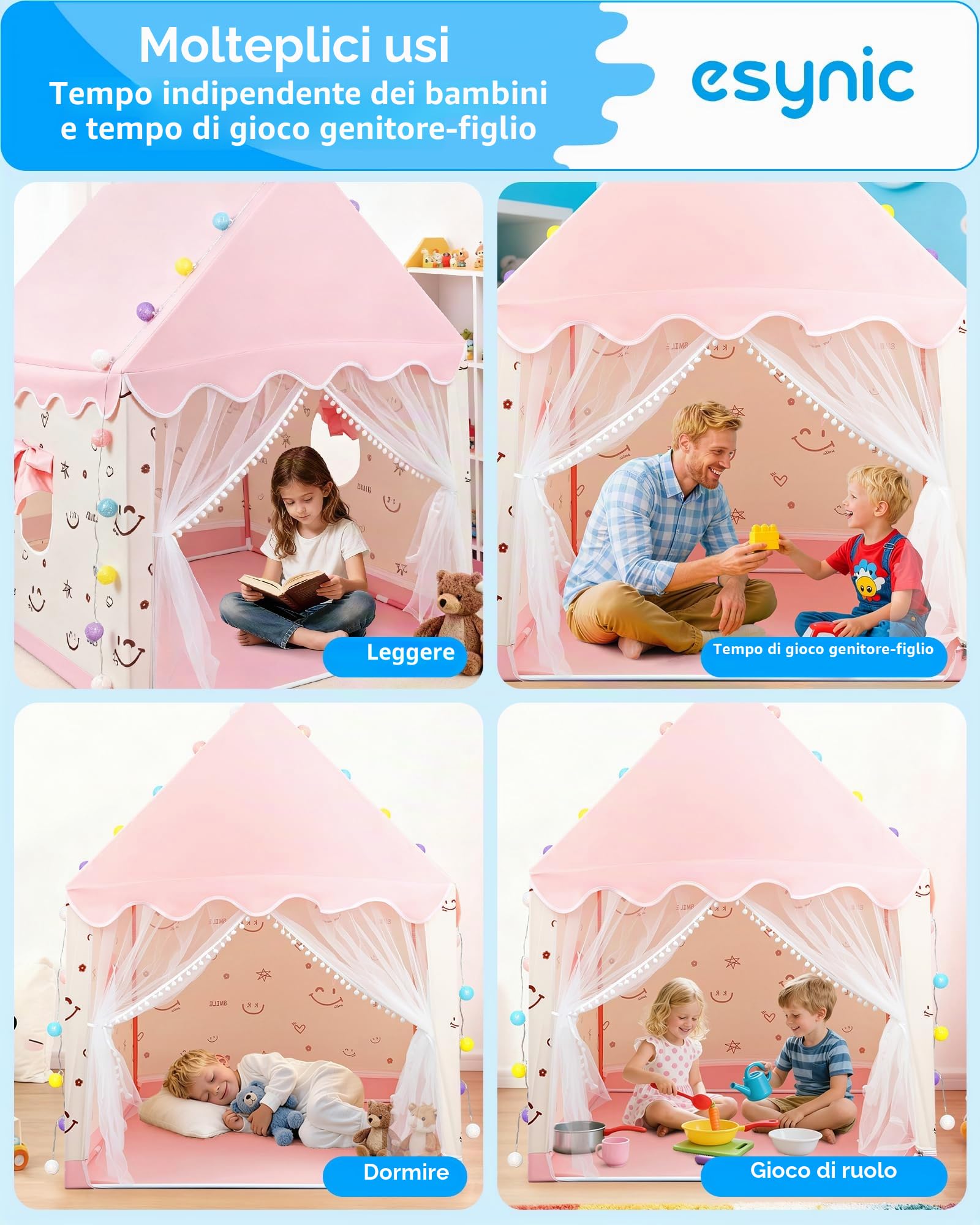 eSynic Tenda da Gioco per Bambini con Luci LED Decorative, Casetta Stanza di Attività Giochi Riposo con 2 Finestre per 2-3 Piccoli, Angolo da Lettura Studio, Facile da Montare - Rosa
