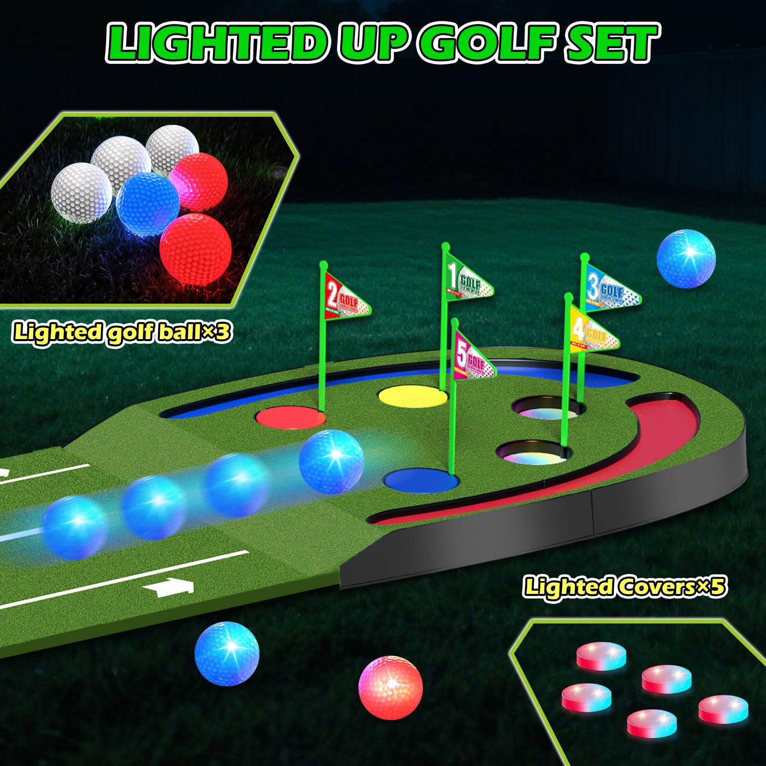 VATOS Golf Putting Mat Indoor for Kids, Light up Golf Putting Green Set