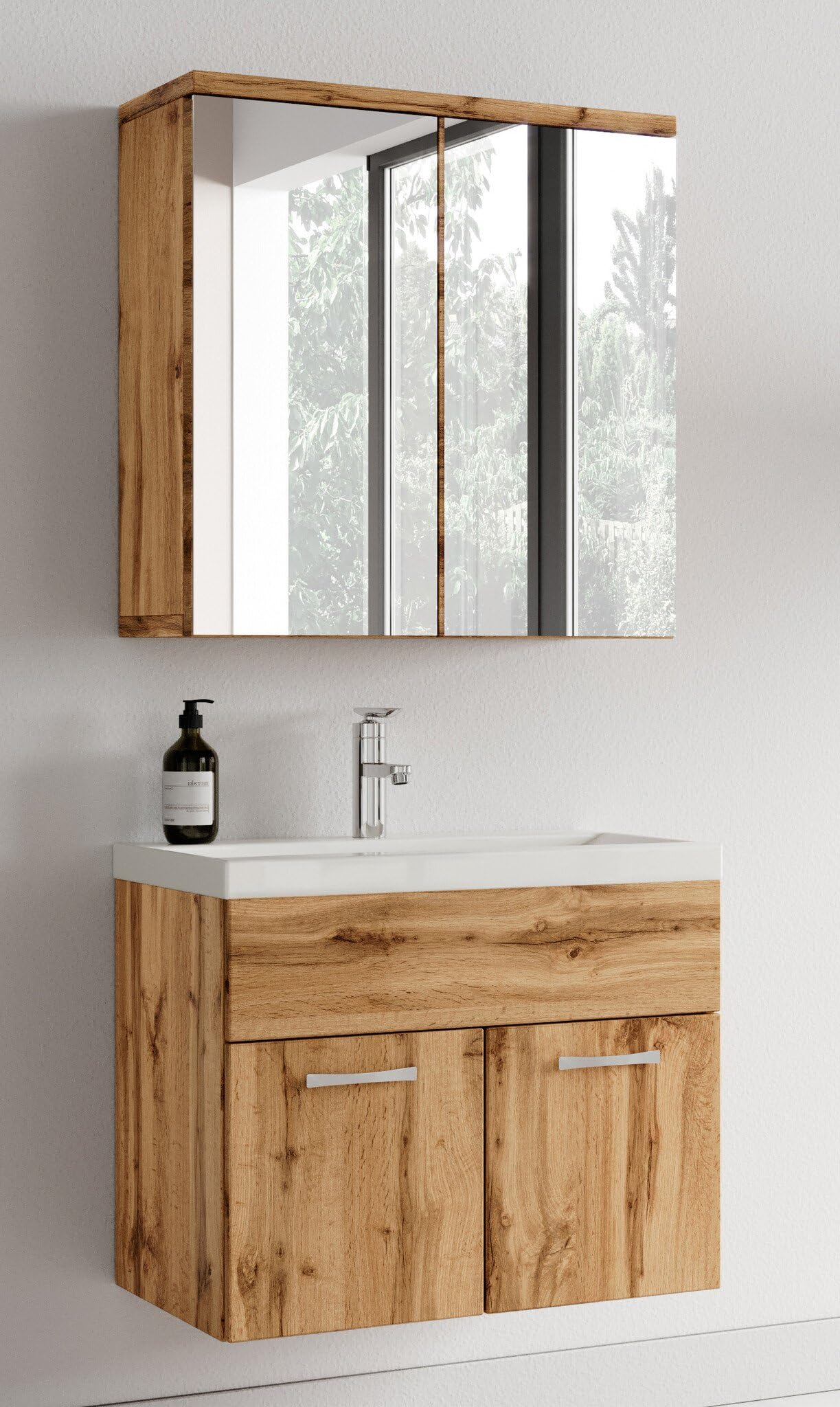 Badplaats Badmöbel Komplettset Montreal 60 x 35 cm Eiche - Badezimmermöbel mit Waschbecken und Spiegelschrank