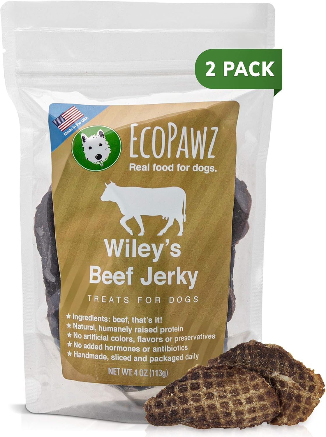 Wiley's Beef Jerky Pet Treats, Grain Free, All-Natural, Human Grade, Made in the USA (Beef 2-Pack 4 oz. Bags)