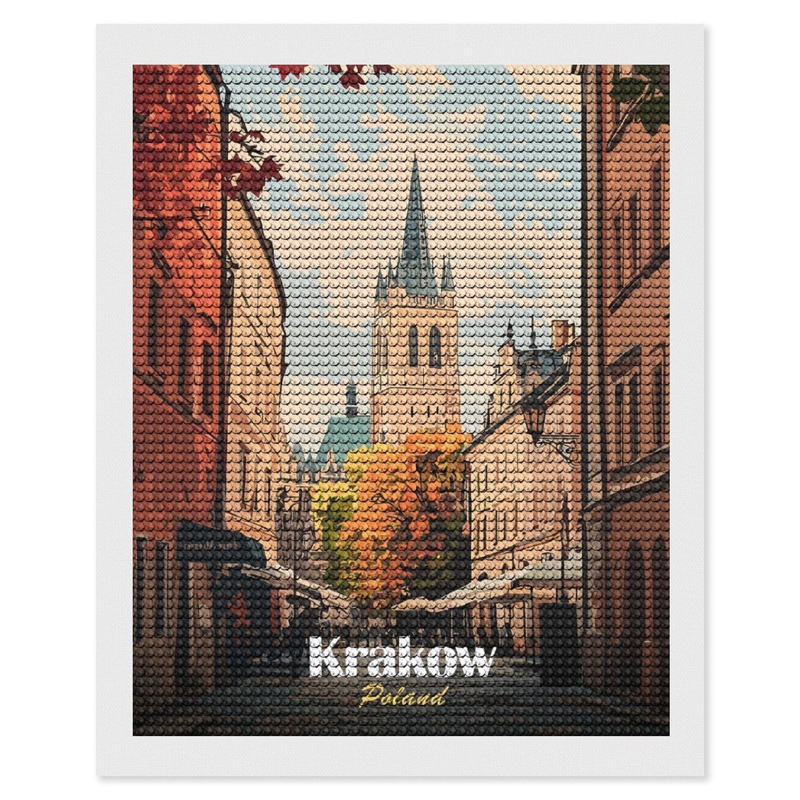 Junmoney Krakow, Poland Cityscape Art Diamond Art Kit 16"x20", Creative Leisure Activity, Complete Accessories, Vintage Style Decor, for Women