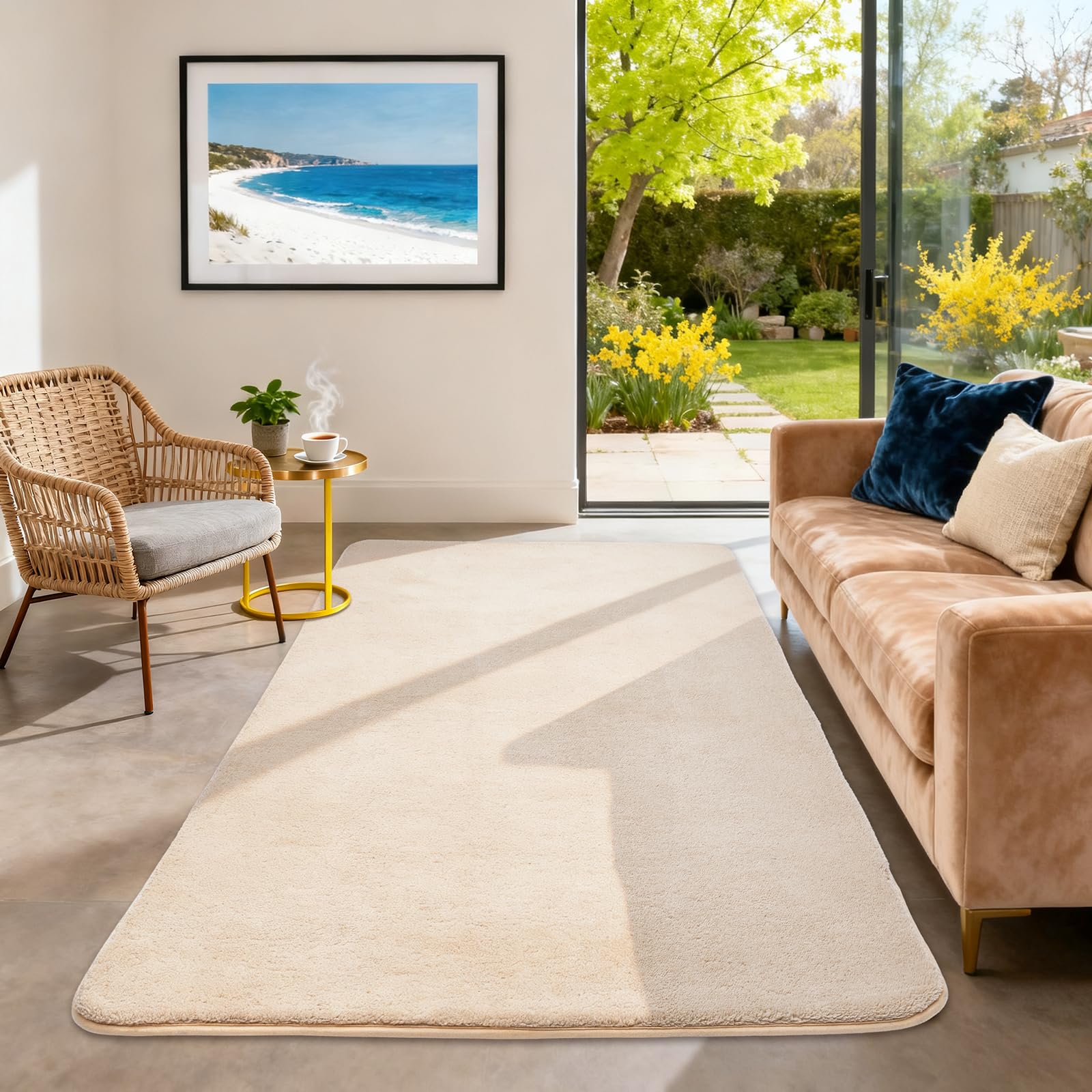 Wohnzimmerteppich, Kurzflor Teppiche Wohnzimmer Deko Flauschiger Weich Waschbarer & Anti-Rutsch Modern Einfarbiges Teppich für Schlafzimmer, Kinderzimmer, Bettvorleger Matte, 140x200cm, Beige