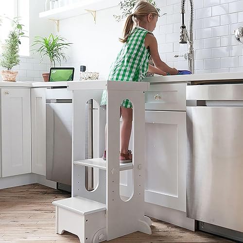 Miniatura 2 de Little Partners Explore n Store - Taburete de cocina con altura ajustable para niños pequeños o cualquier ayudante, Madera, Blanco Suave