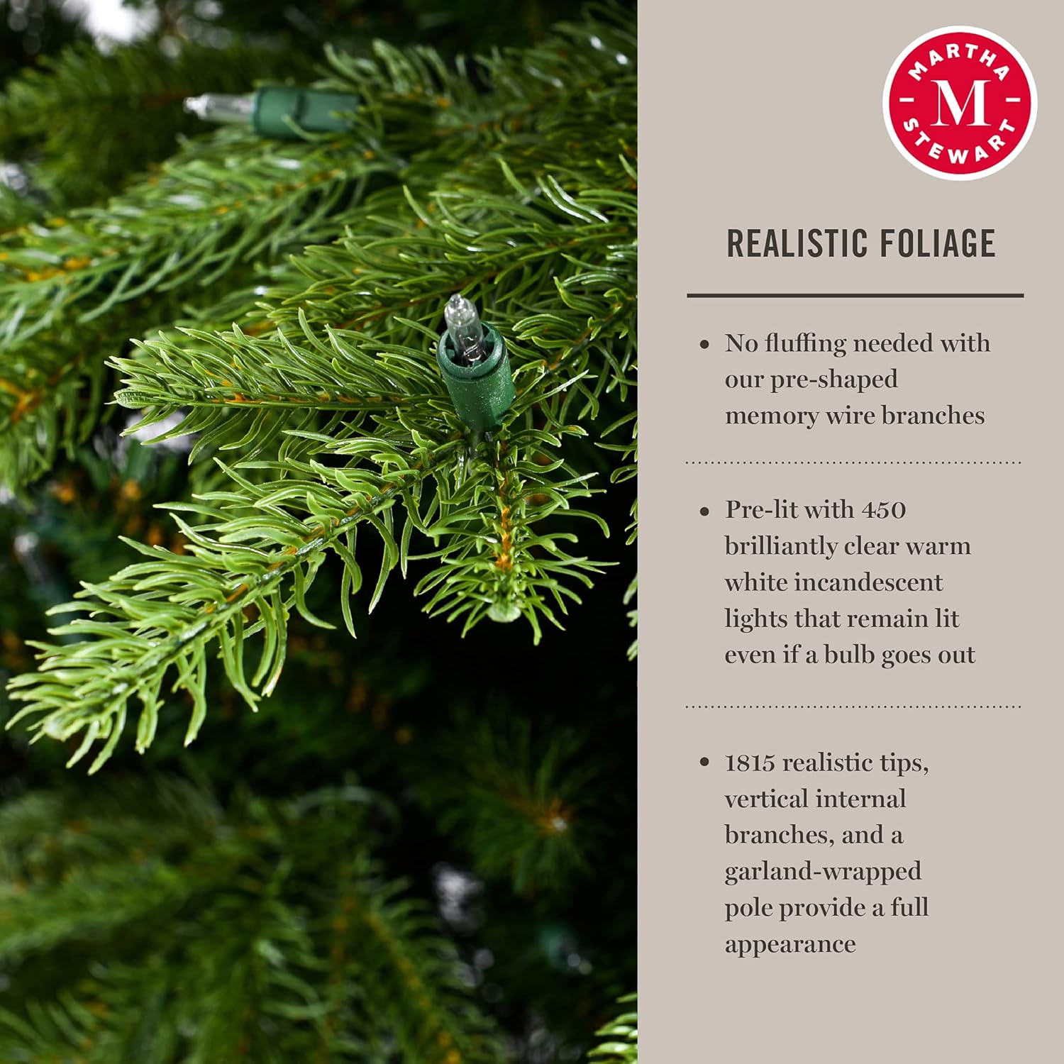 Close-up of the realistic PE and PVC foliage with clear incandescent lights.