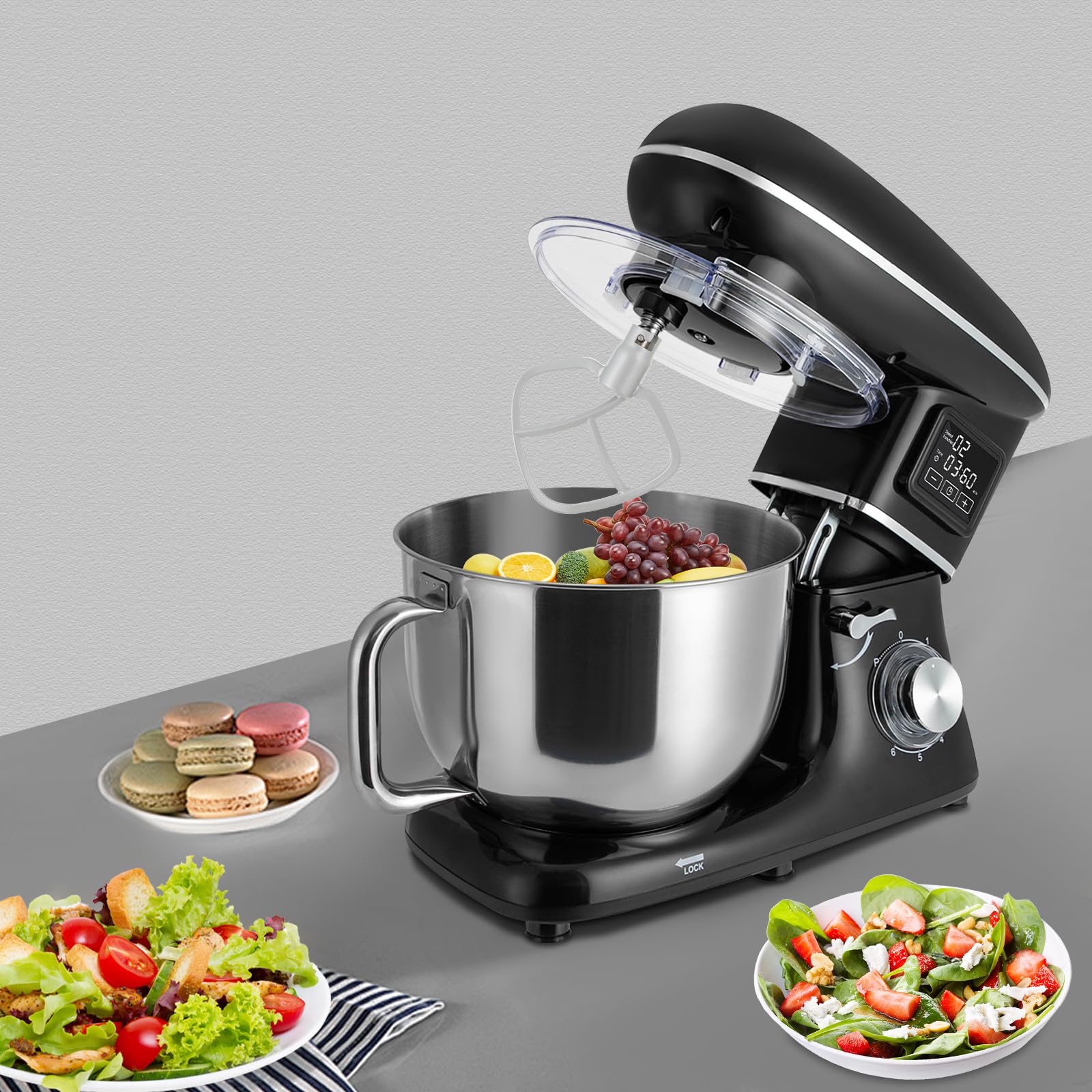 Maszyna kuchenna, maszyna do ugniatania, mikser stojący 1500 W, z miską ze stali nierdzewnej 6,15 l, ciasto na chleb, śmietana, timer, wyświetlacz LCD, antypoślizgowa, kompaktowa, mała kuchnia, dla