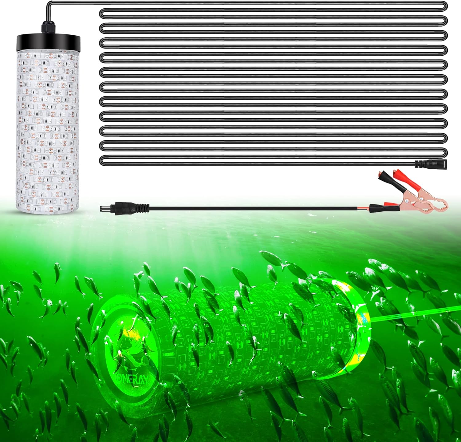 ONERAY Underwater Fishing Light, 30000LM LED Green Night Fishing Finder Attractor, IP68 Submersible Lamp for Crappie, Snook, Squid, Shrimp with Battery Clips Cigarette Charger Plug， 50FT Cord