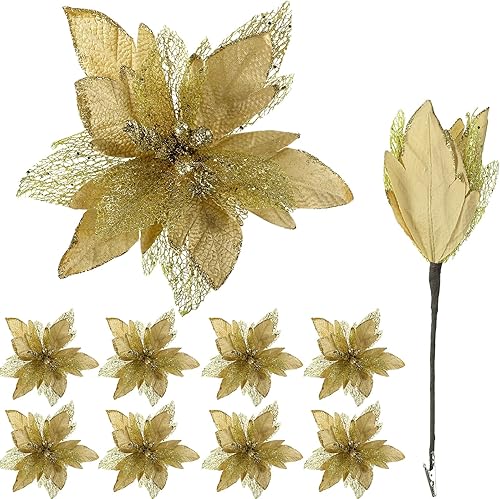 Riceshoot Decoraciones de flores artificiales de Pascua de Año Nuevo, 8 piezas de 10.6 pulgadas de tela decorada con purpurina para árbol de Navidad