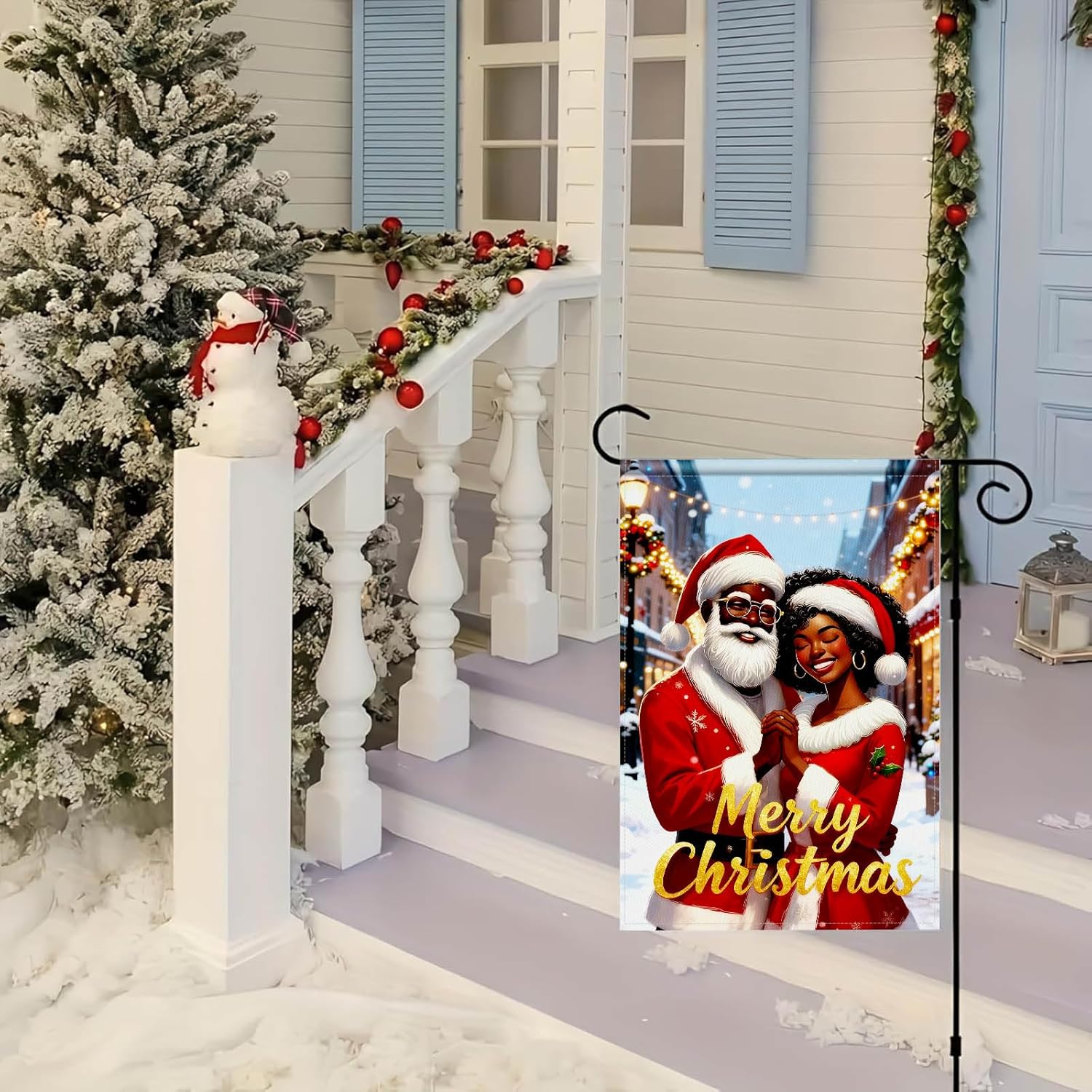 Merry Christmas African American Black Santa Garden Flag 12x18 Inch Double Sided Santa and Mrs Claus Couple Flags Holiday Outdoor Winter Yard Banner Christmas Welcome Flag - Image 4